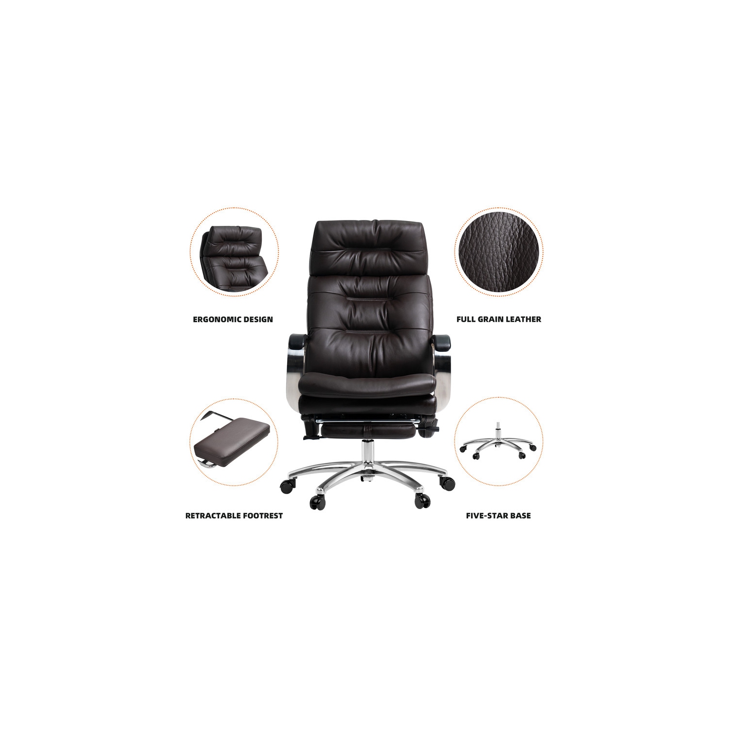 Kinnls Vane Massage Office Chair with Footrest Fully Reclining Managerial & Executive Genuine Leather Desk Task Chairs 400lbs