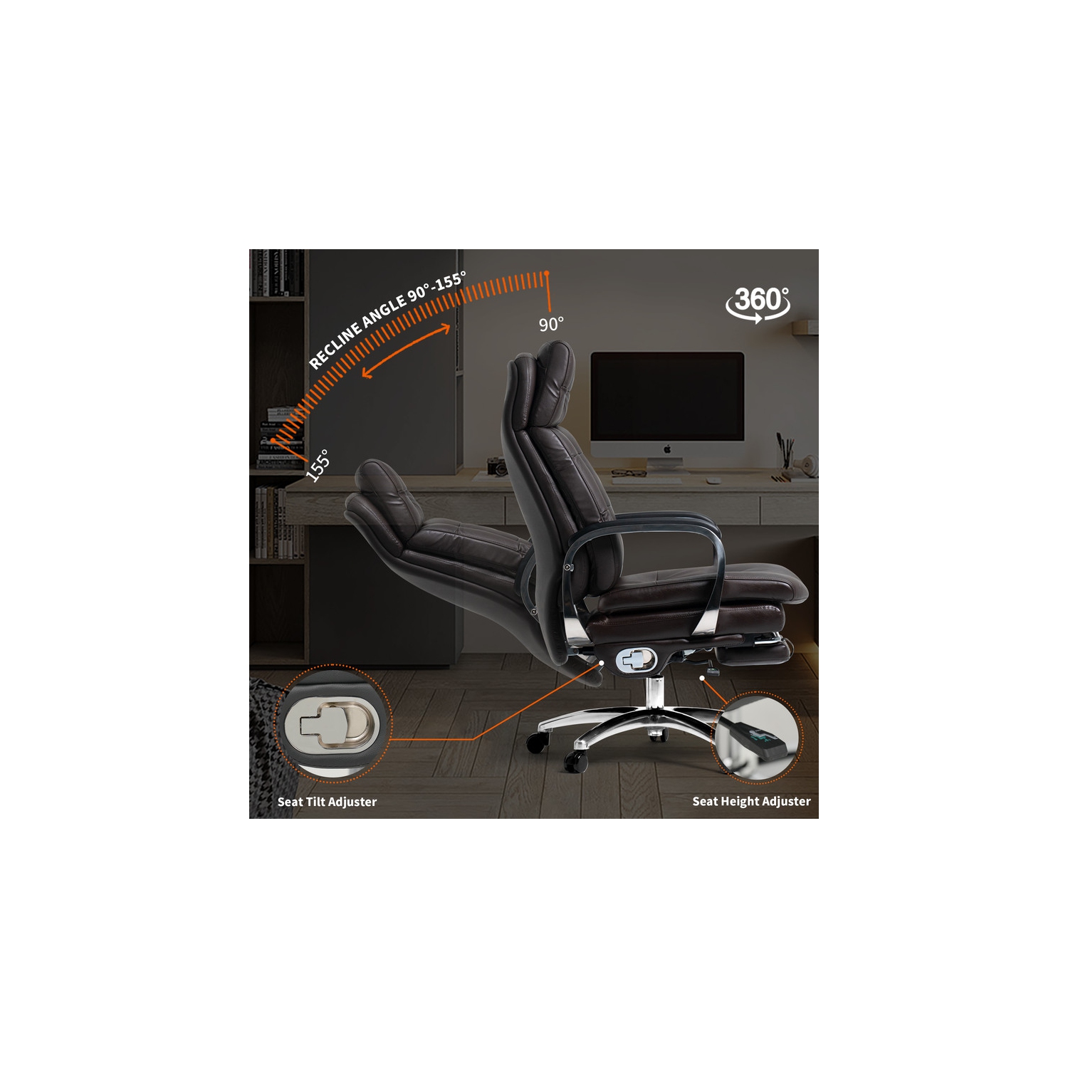 Kinnls Vane Massage Office Chair with Footrest Fully Reclining Managerial & Executive Genuine Leather Desk Task Chairs 400lbs