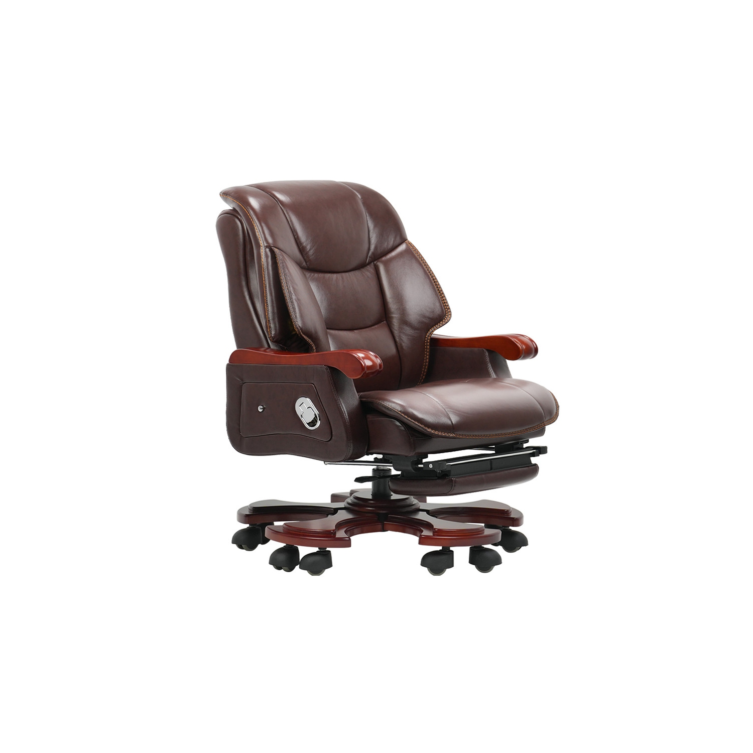 Kinnls Jones Fully Reclining Office Chair Massage Chair with Footrest Genuine Leather with Solid Wood High Back Executive Office Chair (Massage Chair-Coffee)