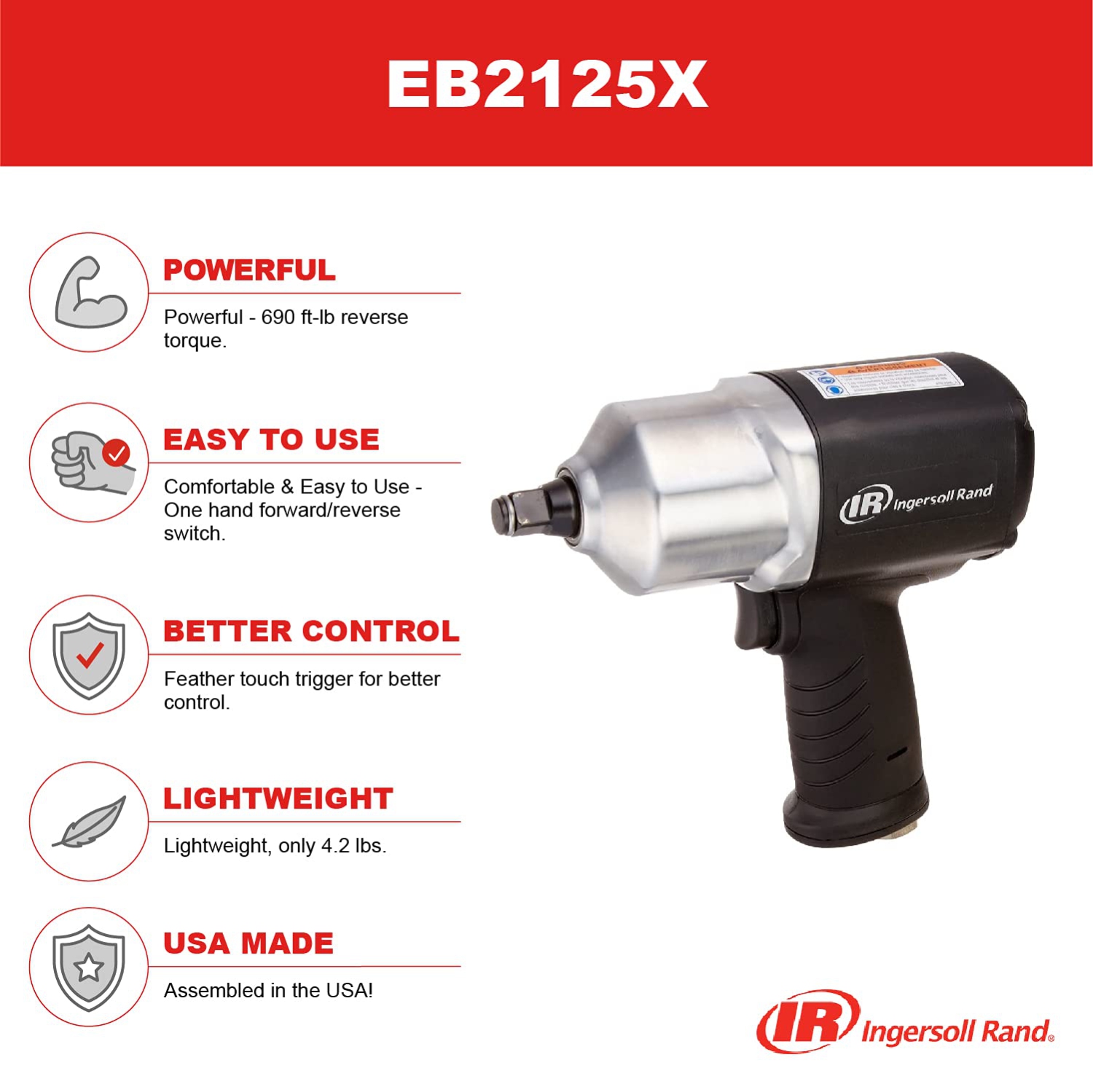 Ingersoll Rand Edge Series EB2125X 1/2" Composite Air Impact Wrench, 690 ft lbs Max Reverse Torque, Lightweight, One Hand Forward / Reverse Switch,
