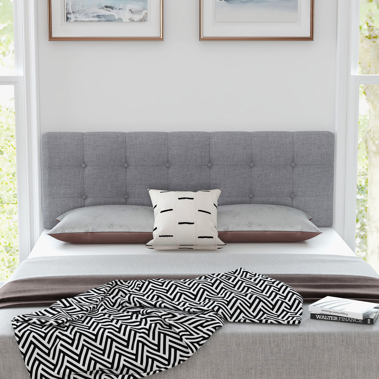 Tête de lit double/grand lit de Costway en lin recouvert de tissu capitonné en bois massif