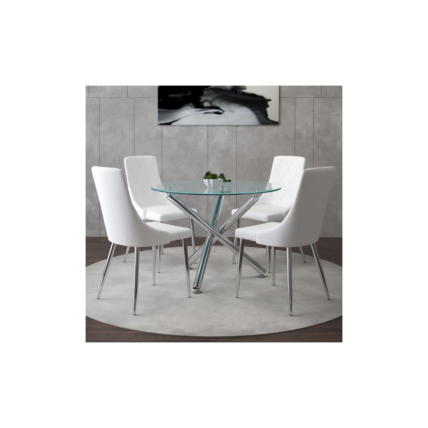 Cosmic Homes 5pc Dining Set in Chrome with White Chair, Round Modern Kitchen Table and 4 Faux Leather Upholstered Chair for Dining Room, Living Room, White