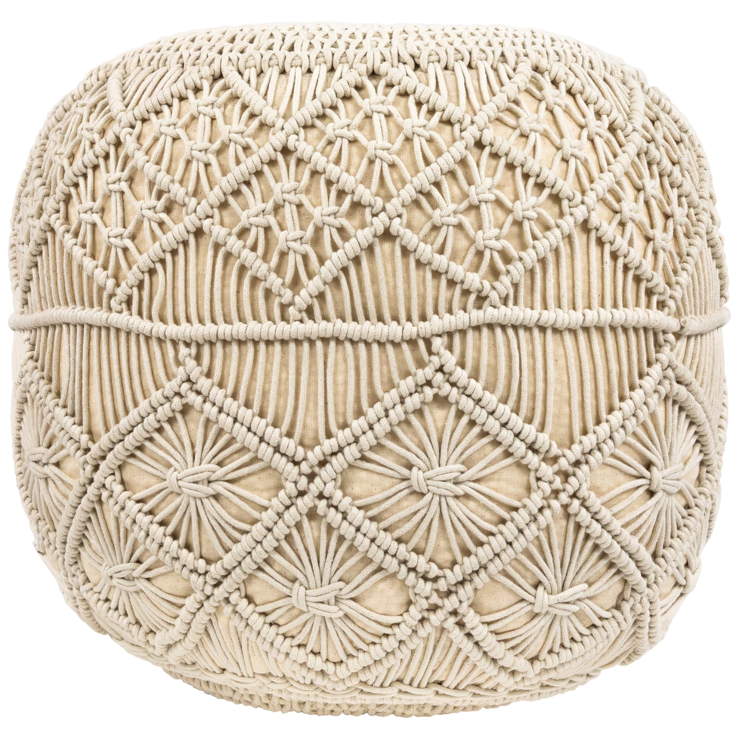 18" Solid Cream Macrame Round Handmade Natural Cotton Pouf Ottoman