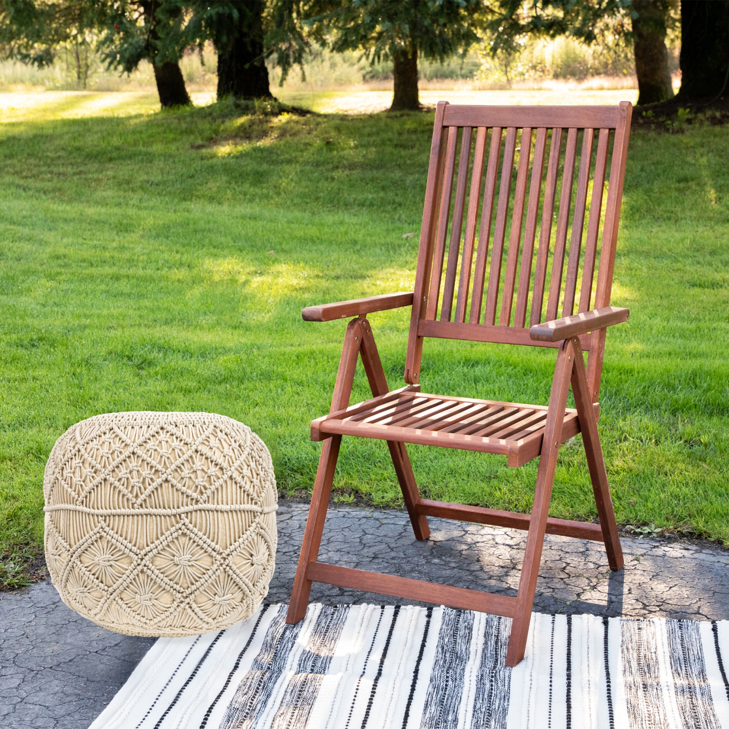 18" Solid Cream Macrame Round Handmade Natural Cotton Pouf Ottoman