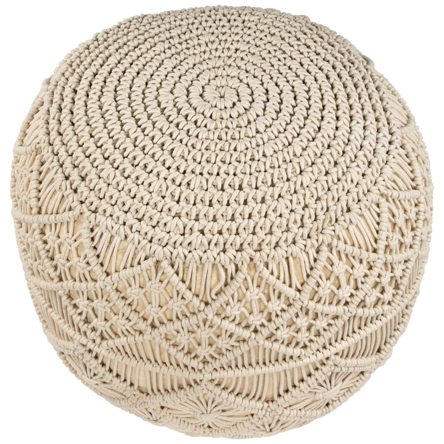 18" Solid Cream Macrame Round Handmade Natural Cotton Pouf Ottoman