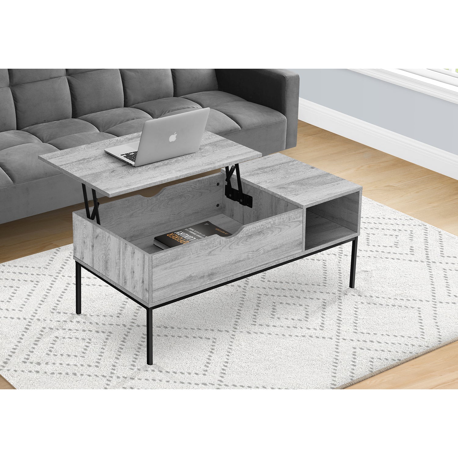 Monarch Specialties I 3805 - Coffee Table, 42" L, Rectangular, Cocktail, Lift-top, Grey, Black Metal, Contemporary, Modern
