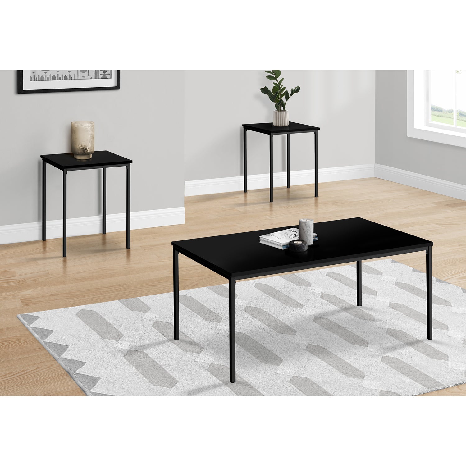 Monarch Specialties I 7894P - Table Set, 3pcs Set, Coffee, End, Black Metal, Black Laminate, Contemporary, Modern