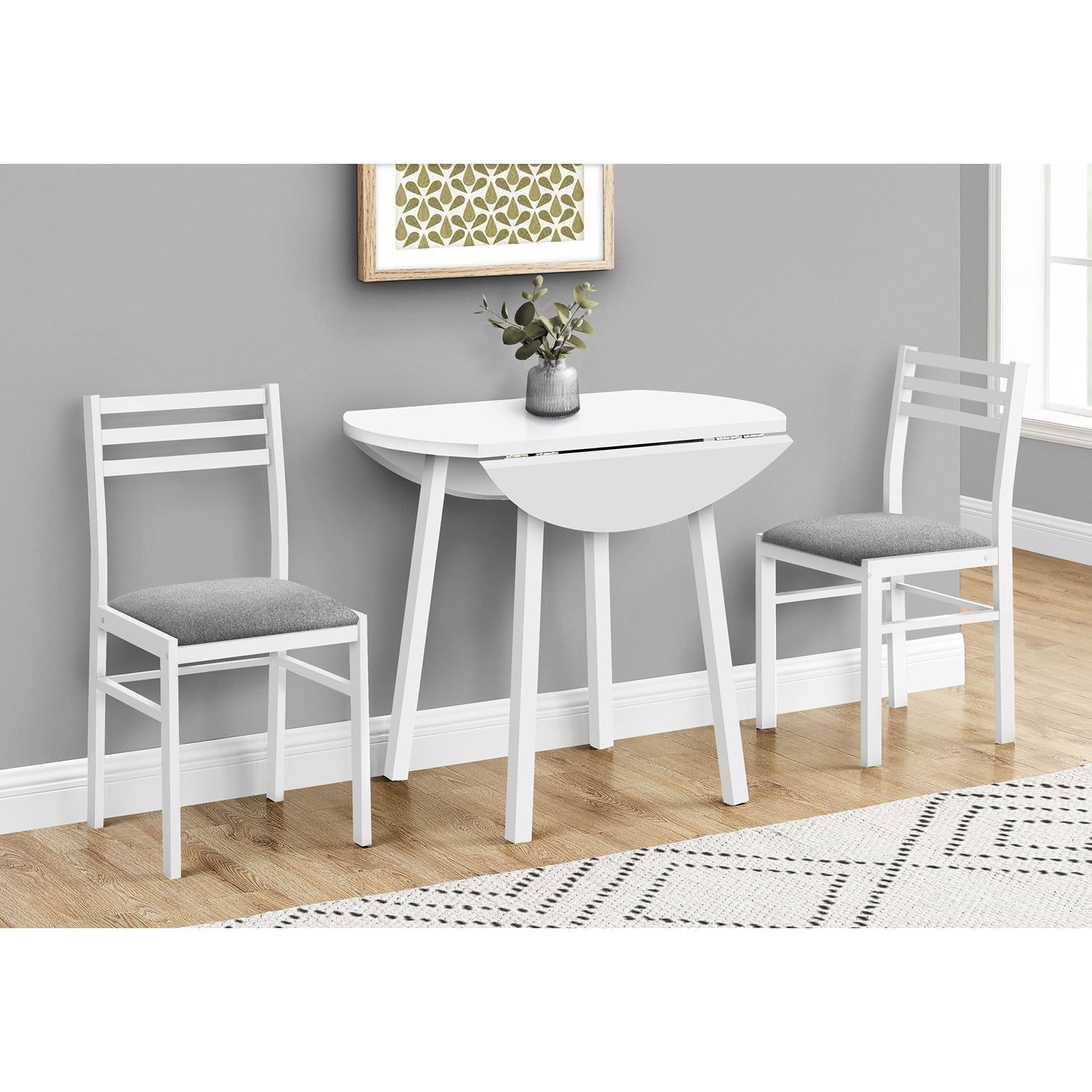 Monarch Specialties I 1011 - Dining Table Set, 3pcs Set, Small, 35" Drop Leaf, Kitchen, White Metal And Laminate, Grey Fabric, Contemporary, Modern