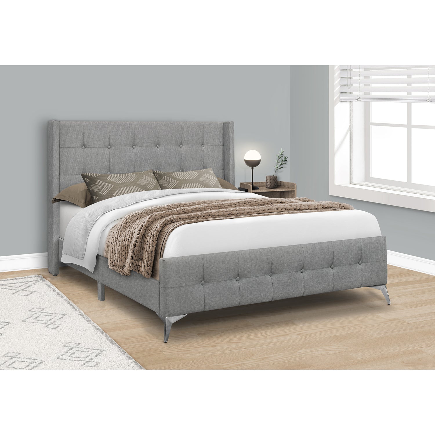 Monarch Specialties I 6040Q - Bed, Queen Size, Bedroom, Frame, Upholstered, Grey Linen Look, Chrome Metal Legs, Transitional