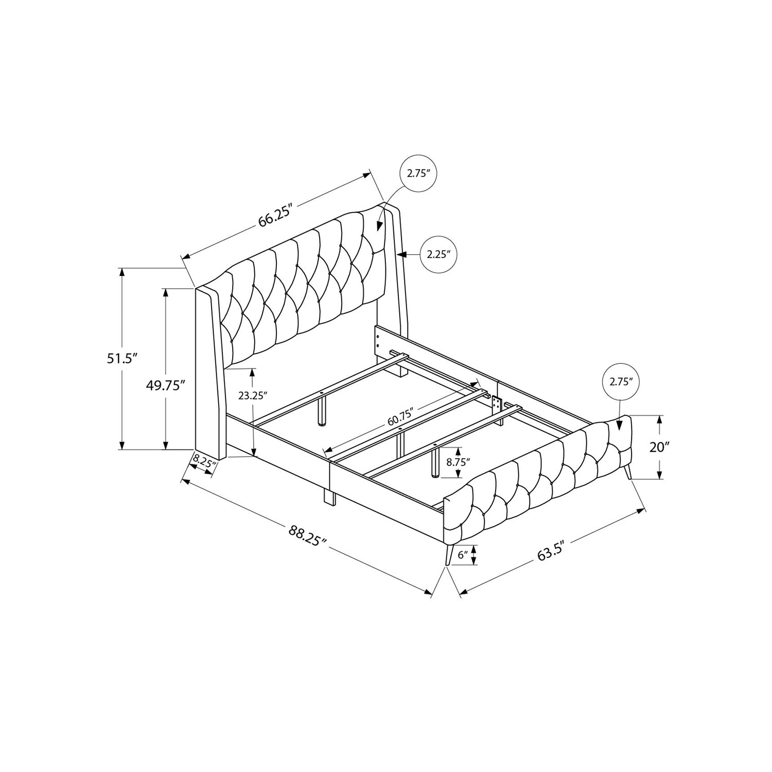 Monarch Specialties I 6045Q - lit, grand lit, Chambre, cadre, rembourré, aspect lin gris, pattes en métal chromé, transitionnel