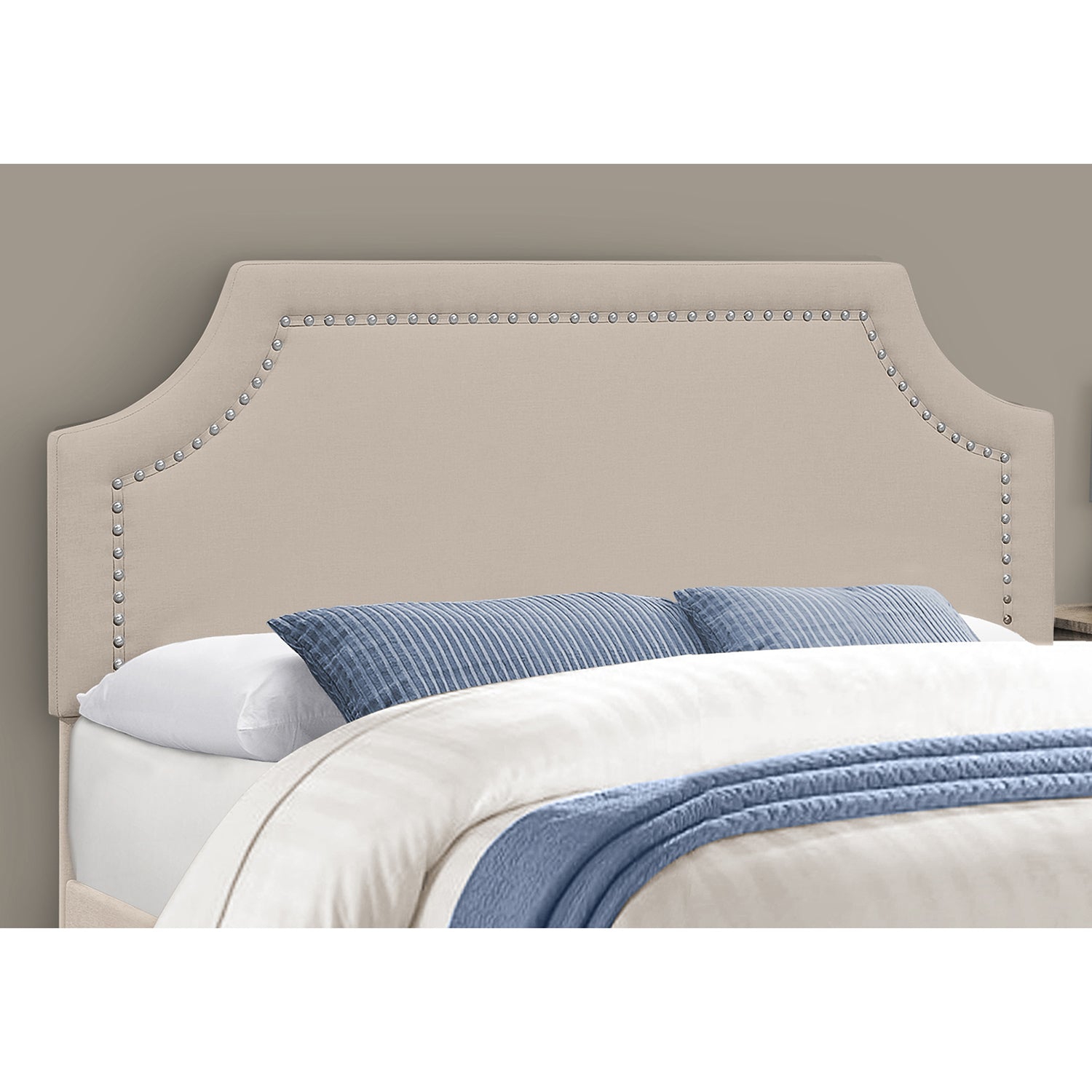 Monarch Specialties I 6036Q - Bed, Queen Size, Bedroom, Frame, Upholstered, Beige Linen Look, Chrome Metal Legs, Transitional