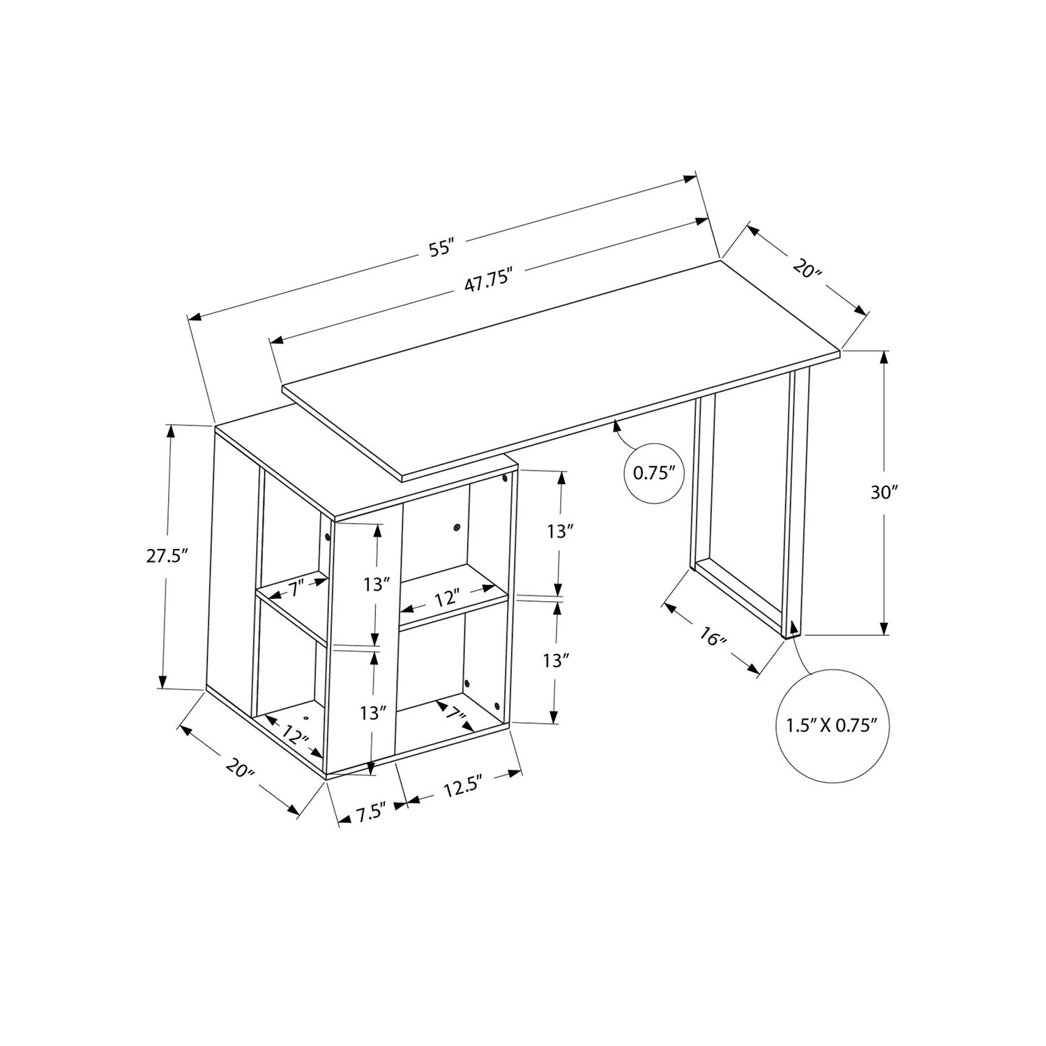 Monarch Specialties I 7600 - Computer Desk, Home Office, Left, Right Set-up, Storage Shelves, 55""L, Work, Laptop, White Laminate, Grey Metal,