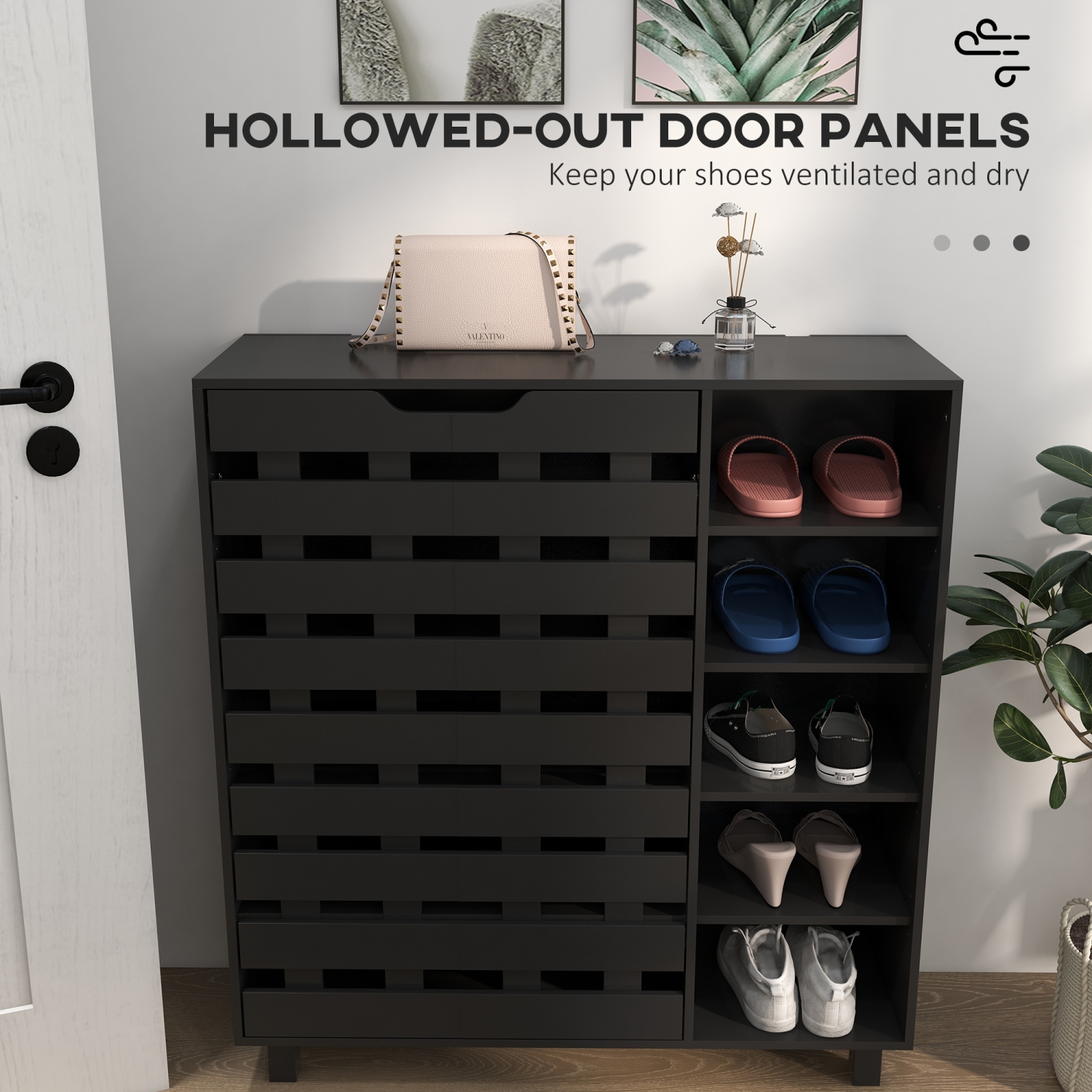 HOMCOM Modern Shoe Cabinet with Hollowed-Out Doors and 5-tier Open Shelves, 21 Pair Shoe Storage Cabinet for Entryway, Hallway, Living Room, Black