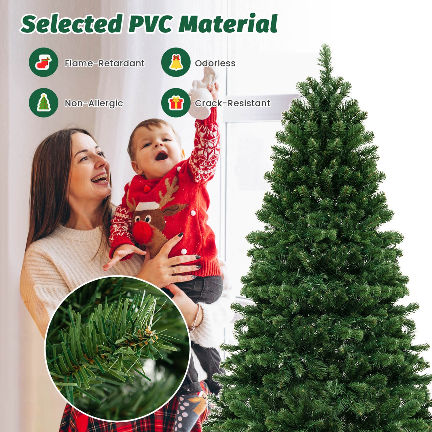 Gymax 6/7/8 FT Pre-Lit Artificial Christmas Tree Hinged Xmas Tree w/ Branch Tips & LED Lights