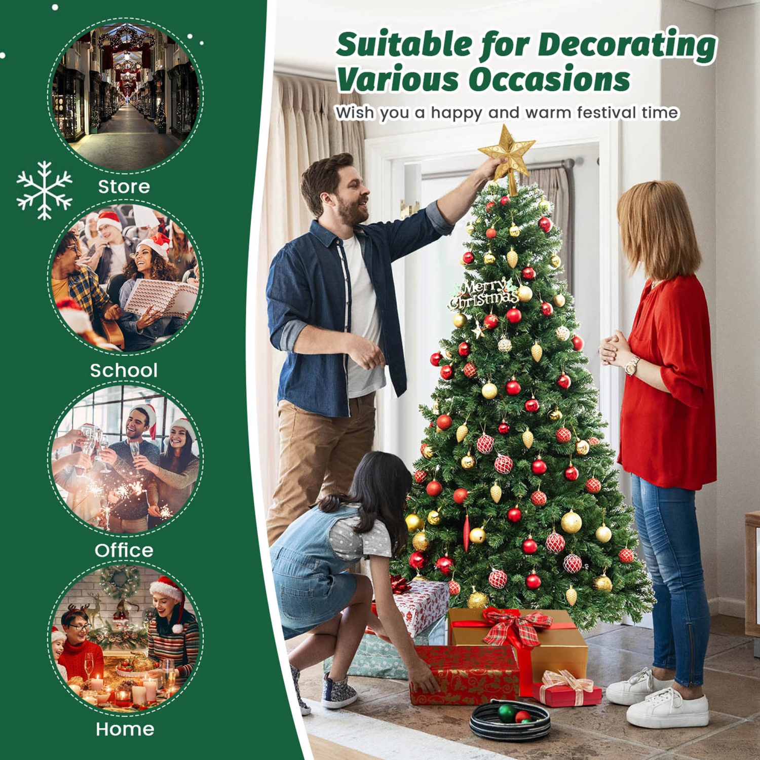 Gymax 6/7/8 FT Pre-Lit Artificial Christmas Tree Hinged Xmas Tree w/ Branch Tips & LED Lights