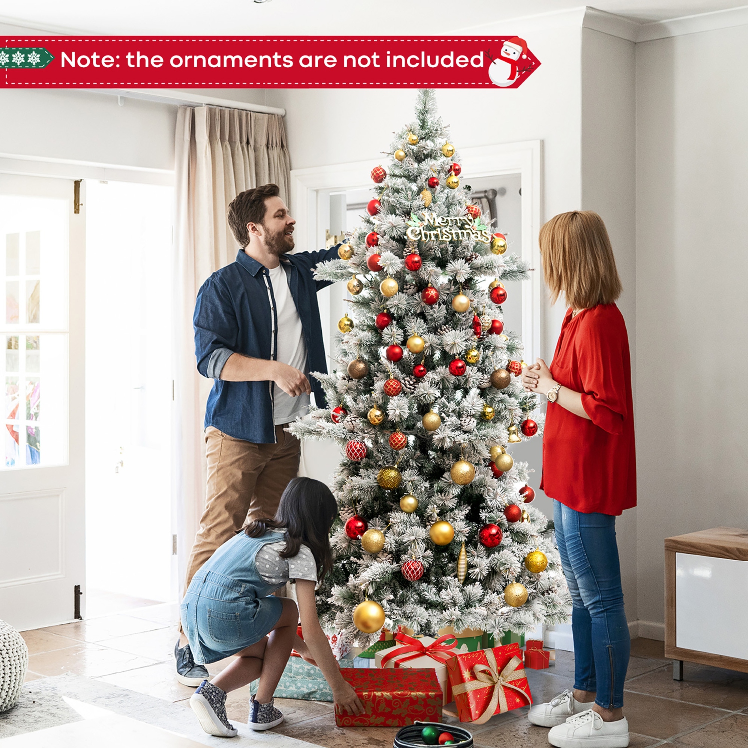 Gymax 7 FT Pre-Lit Snow-Flocked Christmas Tree Artificial Hinged Xmas Tree w/ 1057 Branch Tips & 420 LED Lights