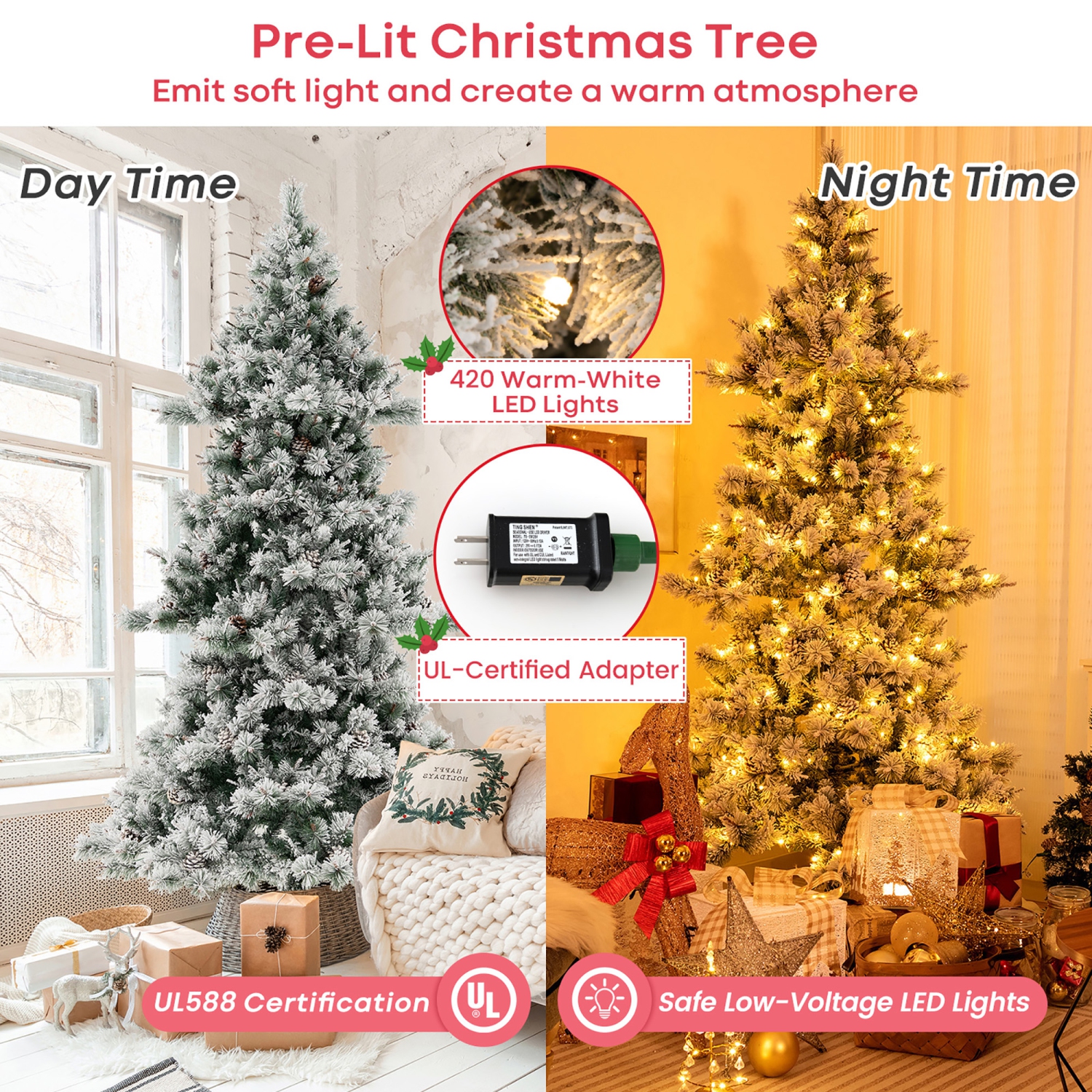Gymax 7 FT Pre-Lit Snow-Flocked Christmas Tree Artificial Hinged Xmas Tree w/ 1057 Branch Tips & 420 LED Lights
