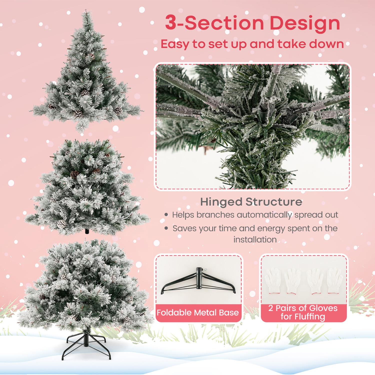 Gymax 7 FT Pre-Lit Snow-Flocked Christmas Tree Artificial Hinged Xmas Tree w/ 1057 Branch Tips & 420 LED Lights