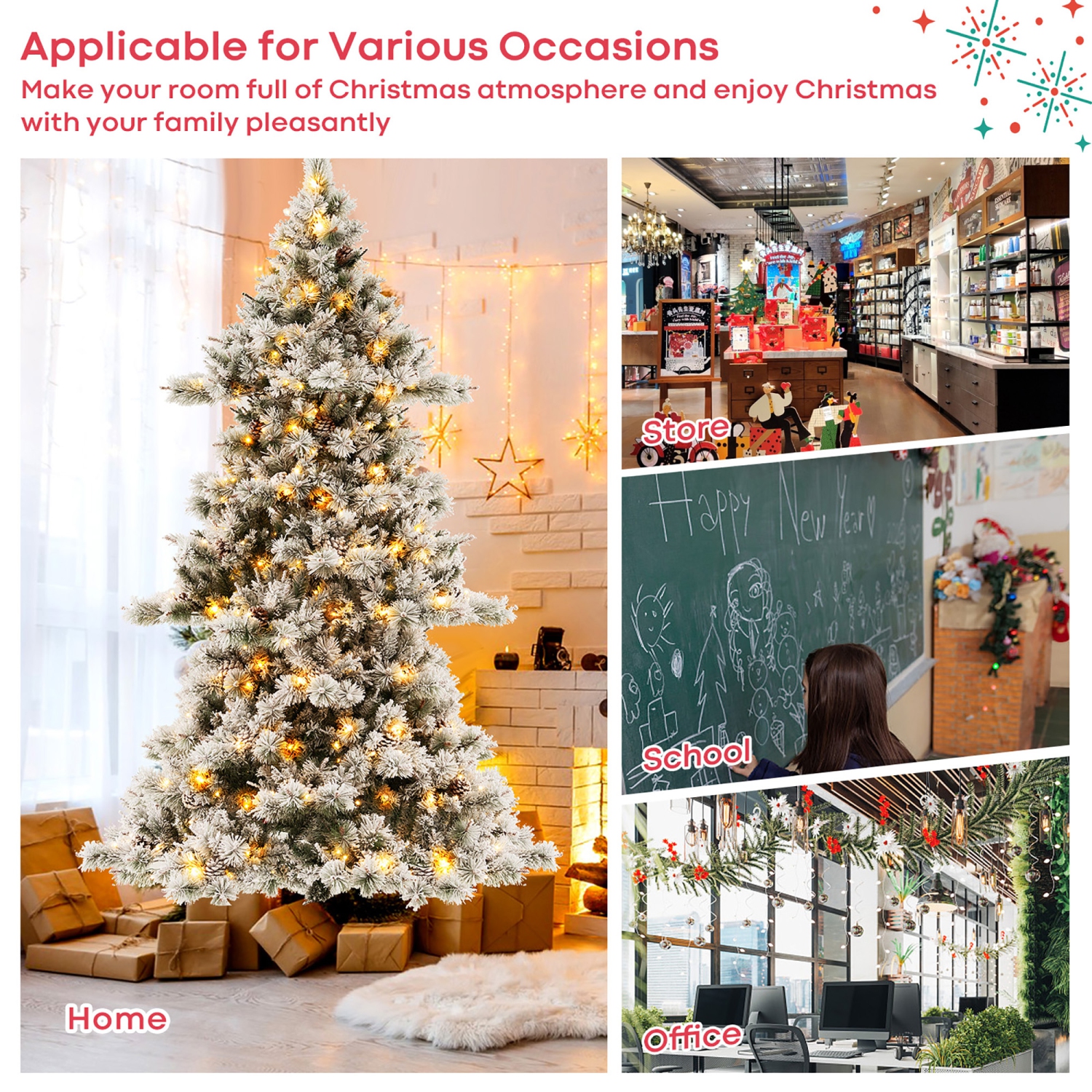 Gymax 7 FT Pre-Lit Snow-Flocked Christmas Tree Artificial Hinged Xmas Tree w/ 1057 Branch Tips & 420 LED Lights