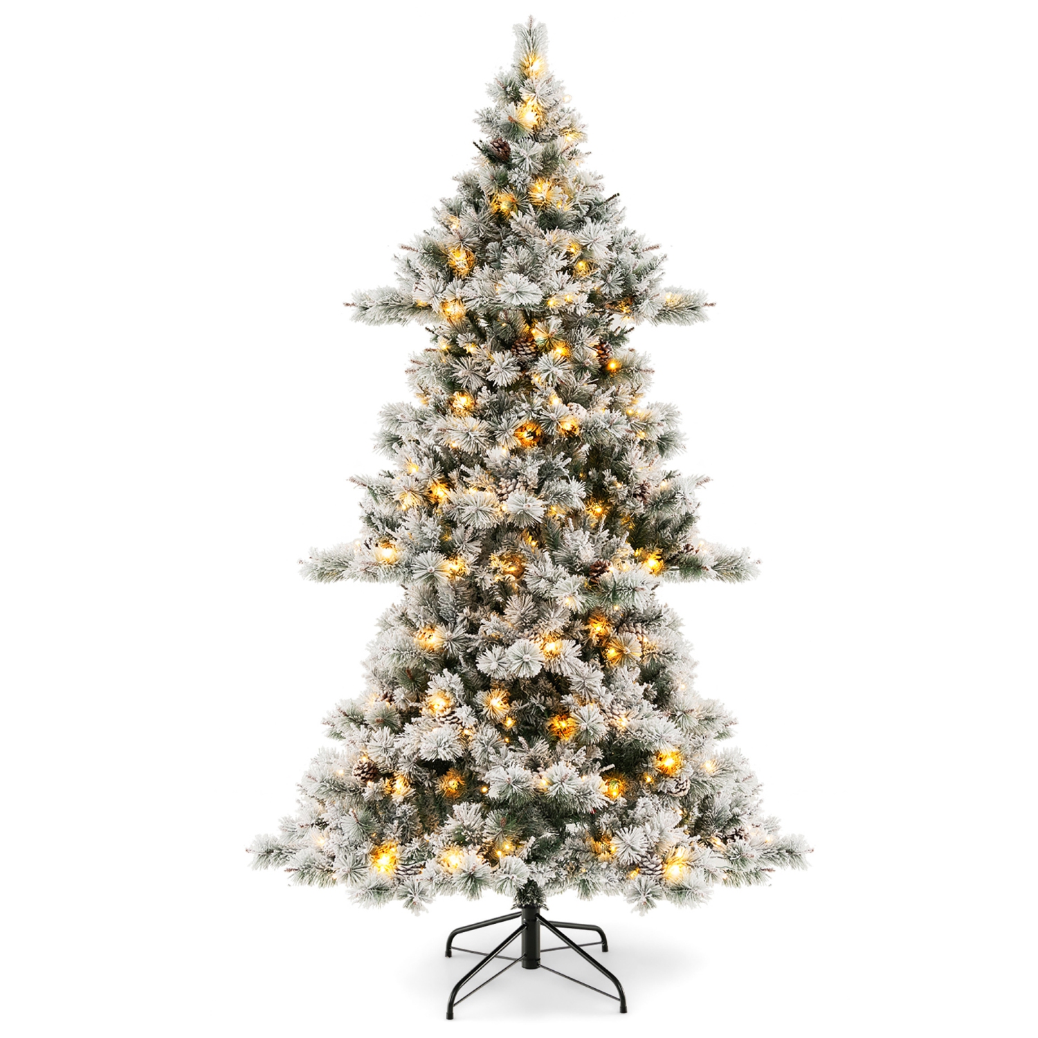 Gymax 7 FT Pre-Lit Snow-Flocked Christmas Tree Artificial Hinged Xmas Tree w/ 1057 Branch Tips & 420 LED Lights