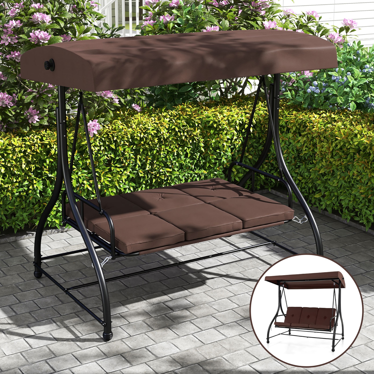Gymax Converting Patio Swing Chair Porch Swing Bed w/Adjustable Canopy & Thickened Cushion