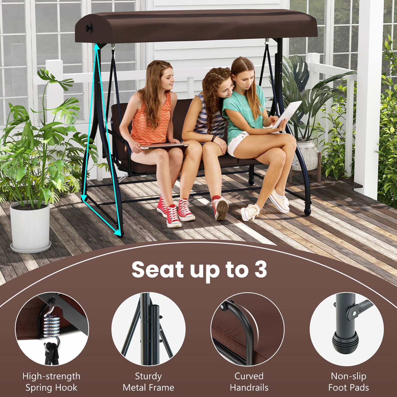 Gymax Converting Patio Swing Chair Porch Swing Bed w/Adjustable Canopy & Thickened Cushion