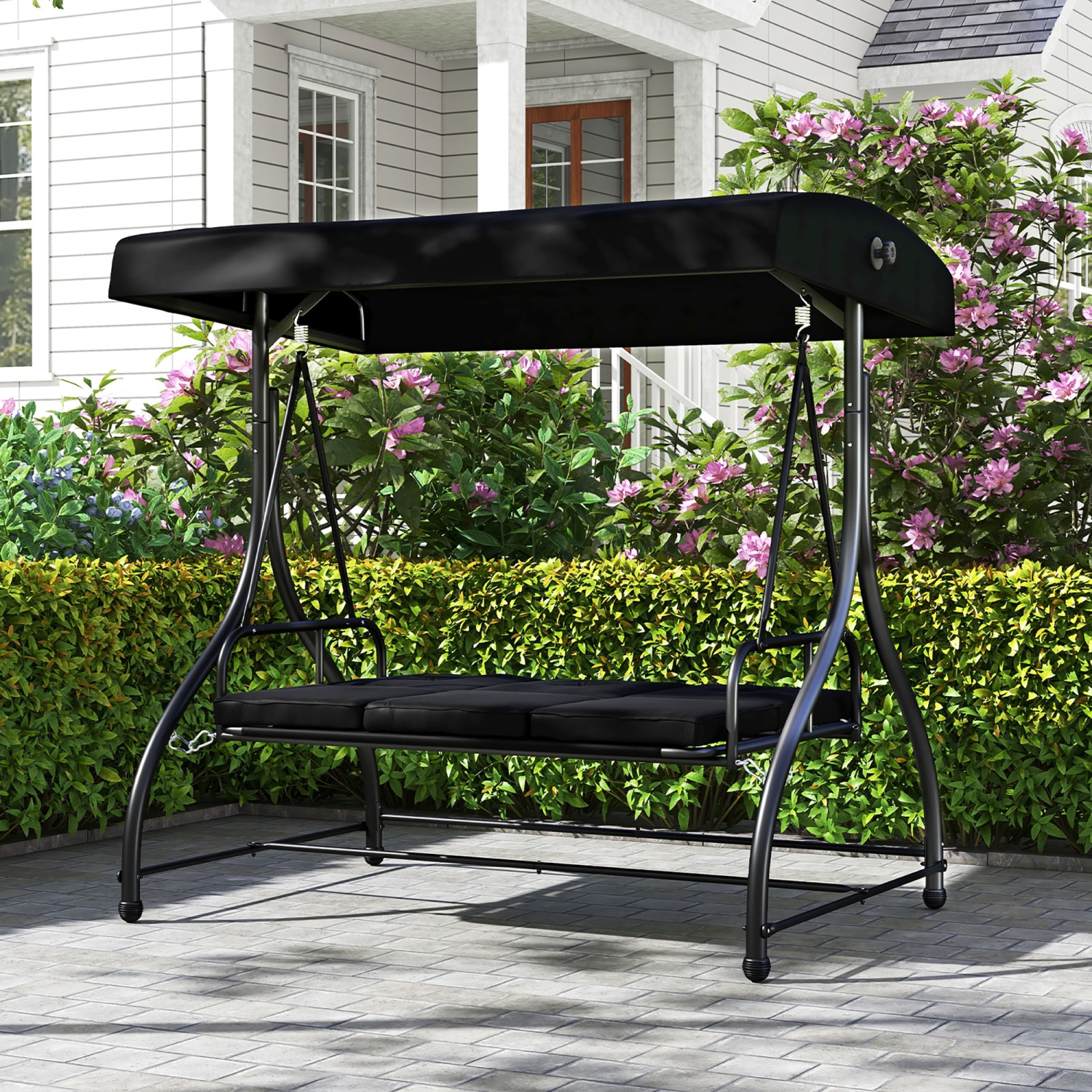 Gymax Converting Patio Swing Chair Porch Swing Bed w/Adjustable Canopy & Thickened Cushion