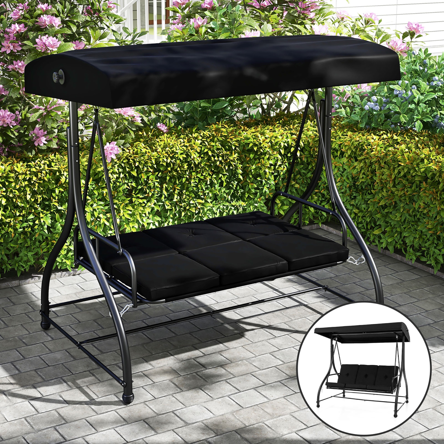 Gymax Converting Patio Swing Chair Porch Swing Bed w/Adjustable Canopy & Thickened Cushion