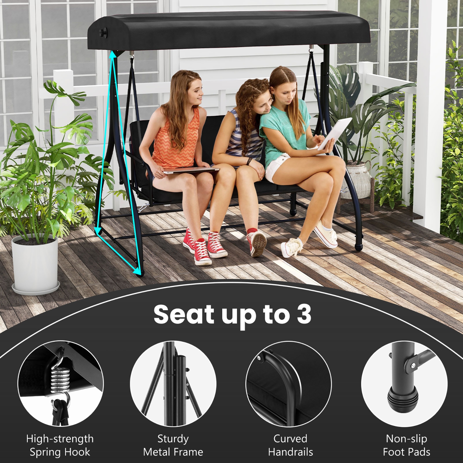 Gymax Converting Patio Swing Chair Porch Swing Bed w/Adjustable Canopy & Thickened Cushion