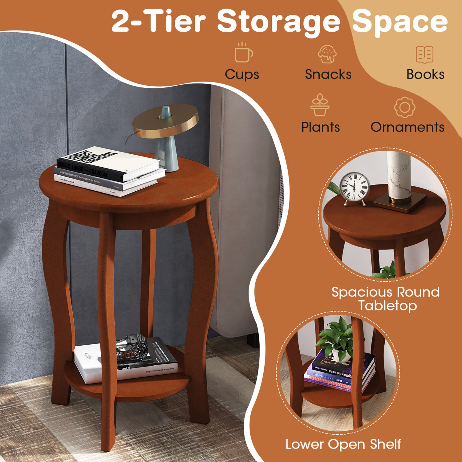 Gymax 2-Tier Round End Table Narrow Sofa Side Nightstand w/ Storage Shelf & Wood Legs