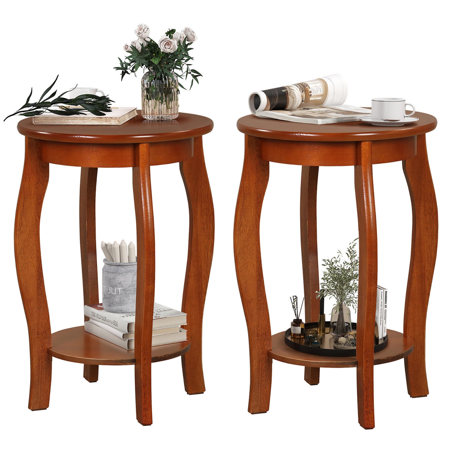 Gymax 2-Tier Round End Table Set of 2 Narrow Sofa Side Nightstand w/ Storage Shelf