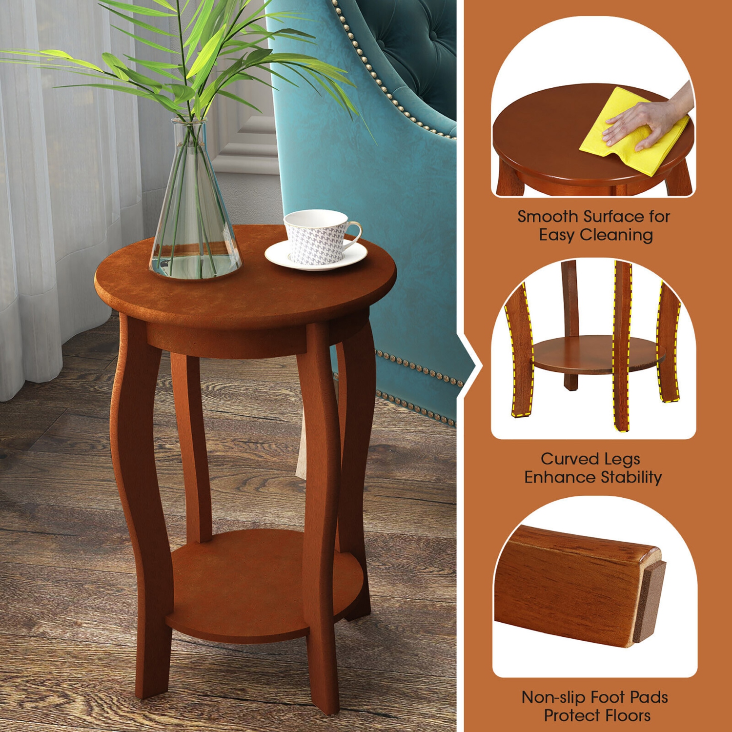 Gymax 2-Tier Round End Table Set of 2 Narrow Sofa Side Nightstand w/ Storage Shelf