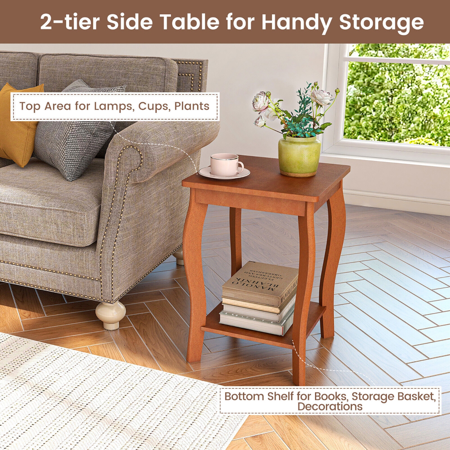 Gymax 2-Tier Square End Table Set of 2 Narrow Sofa Side Nightstand w/ Storage Shelf