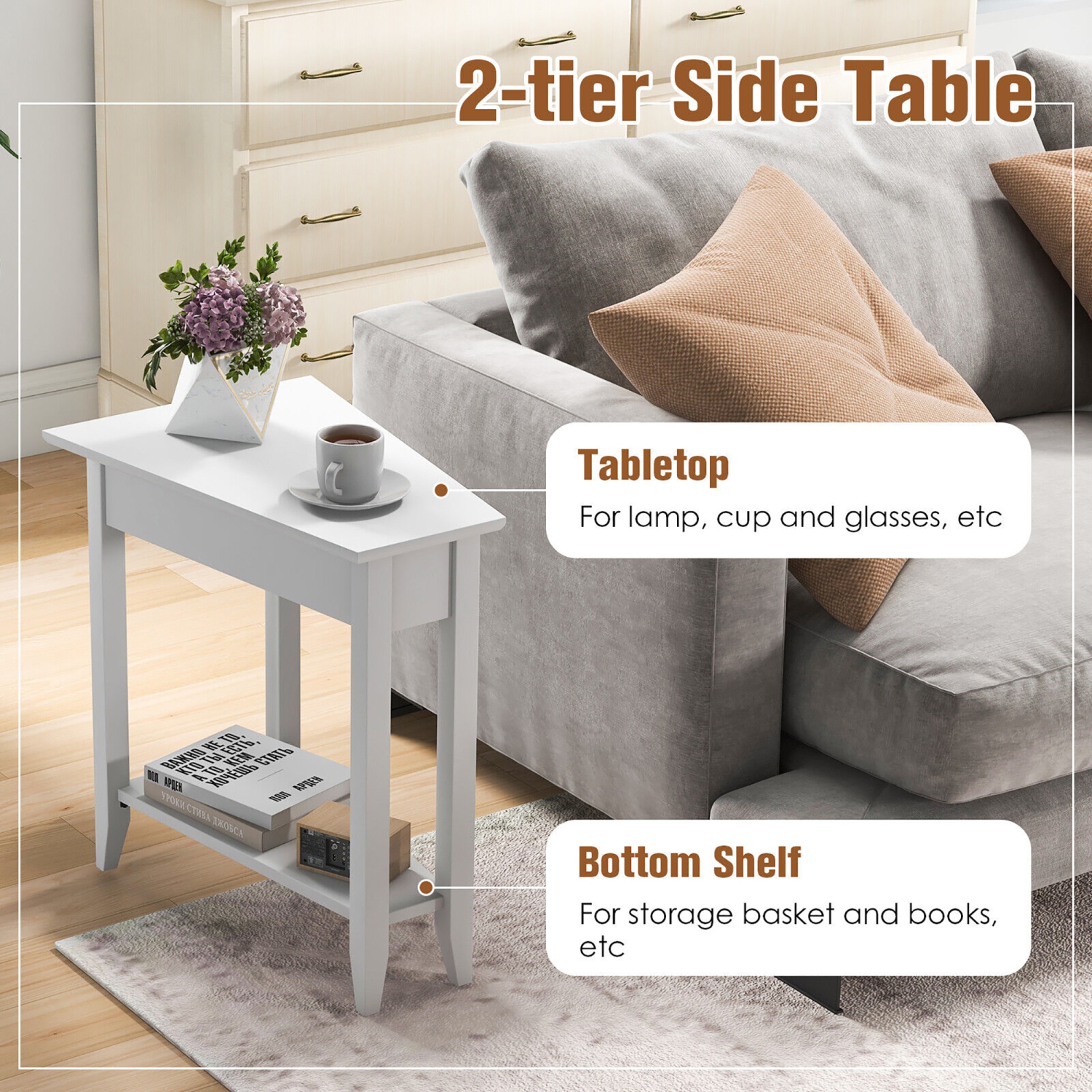 Gymax 2-Tier End Table Irregular Narrow Sofa Side Nightstand w/ Storage Shelf