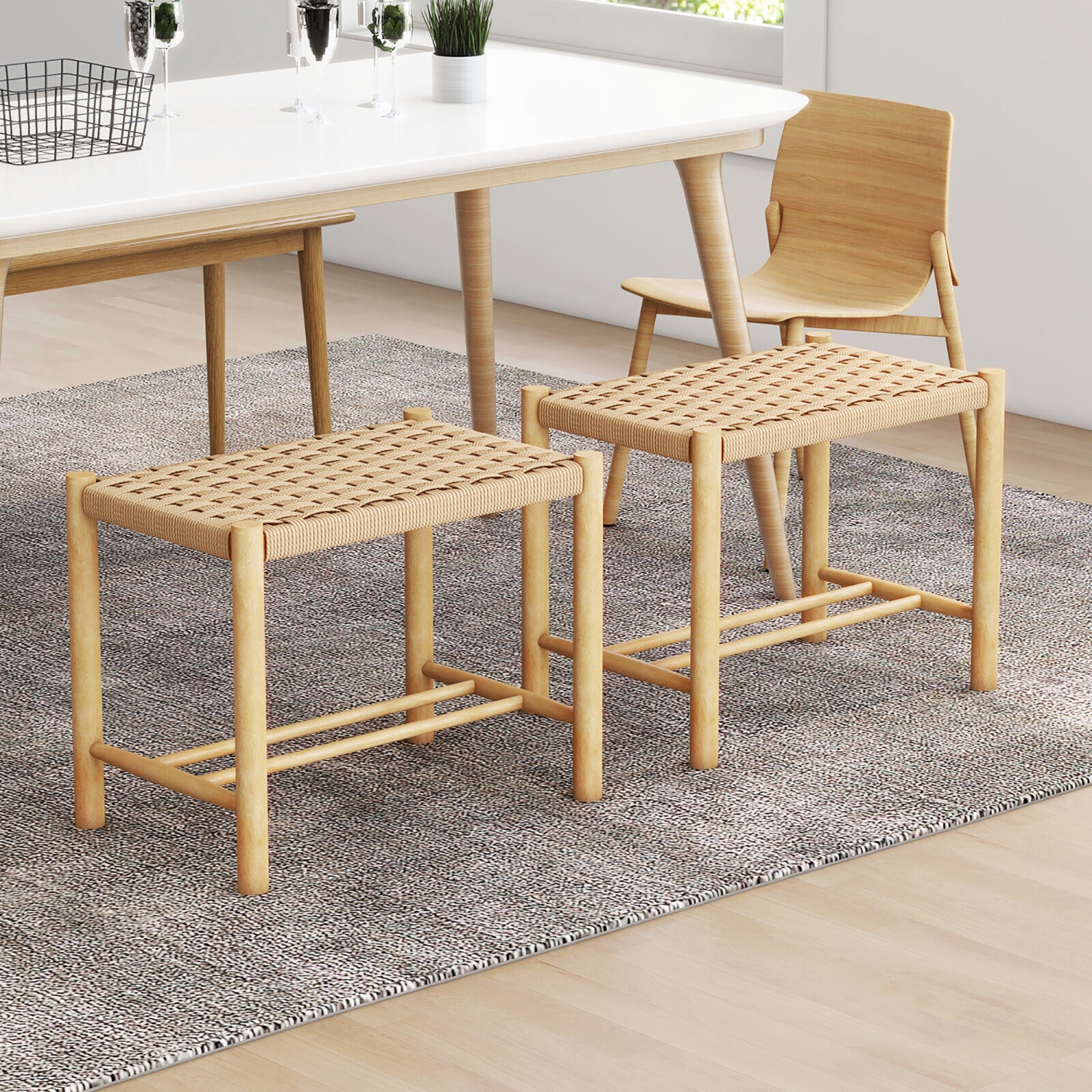 Gymax 18'' Dining Stool Set of 2 Backless w/ Rubber Wood Frame Woven Paper Seat Kitchen
