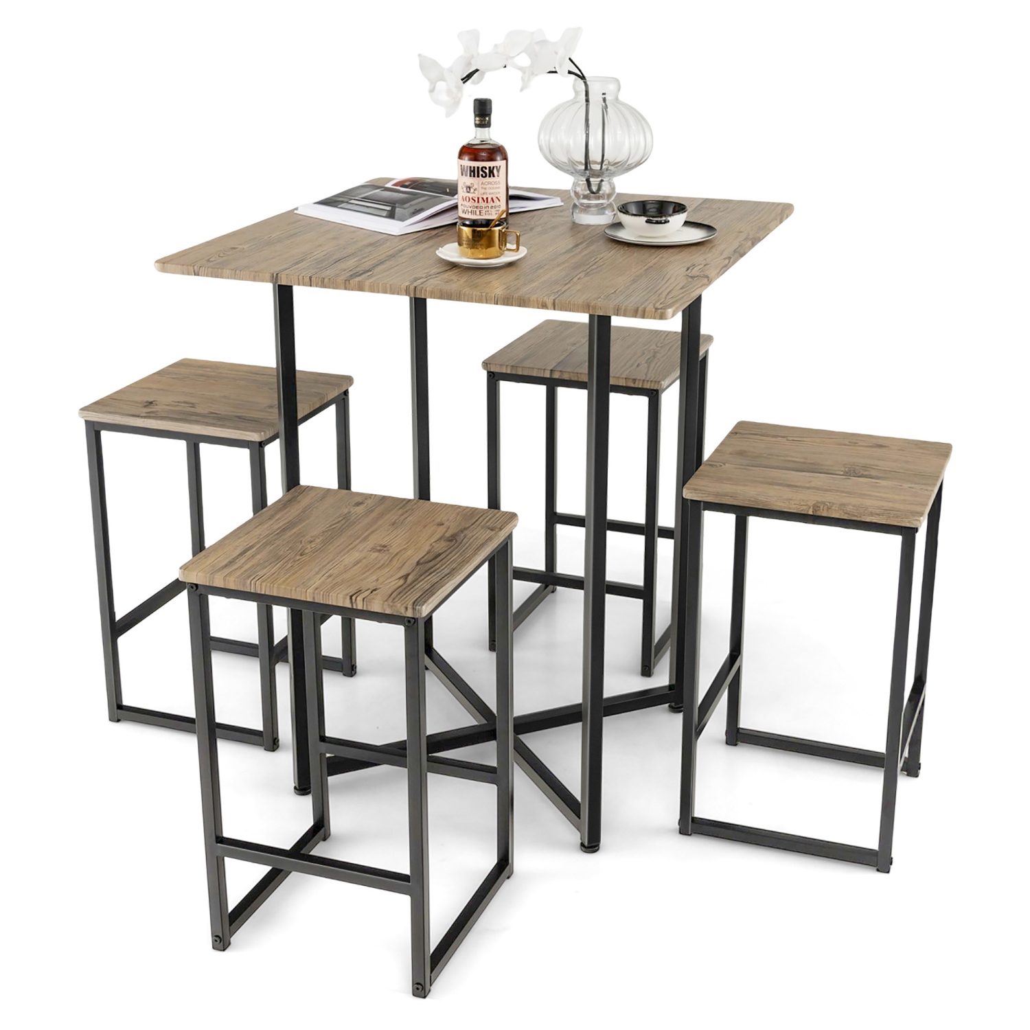 Gymax 5 Pieces Square Dining Table and Chair Set Kitchen Furniture Grey
