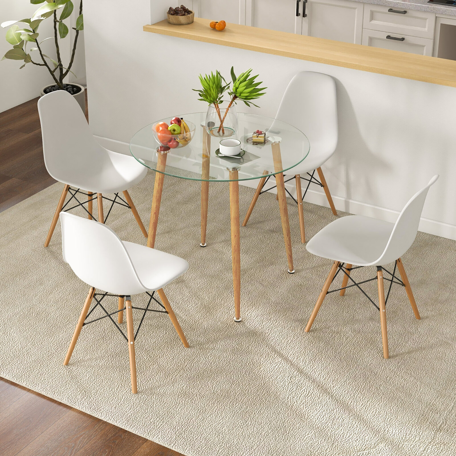 Gymax 5 PCS Dining Table Set Tempered Glass Table 4 Chairs w/ Beech Wood Leg Kitchen