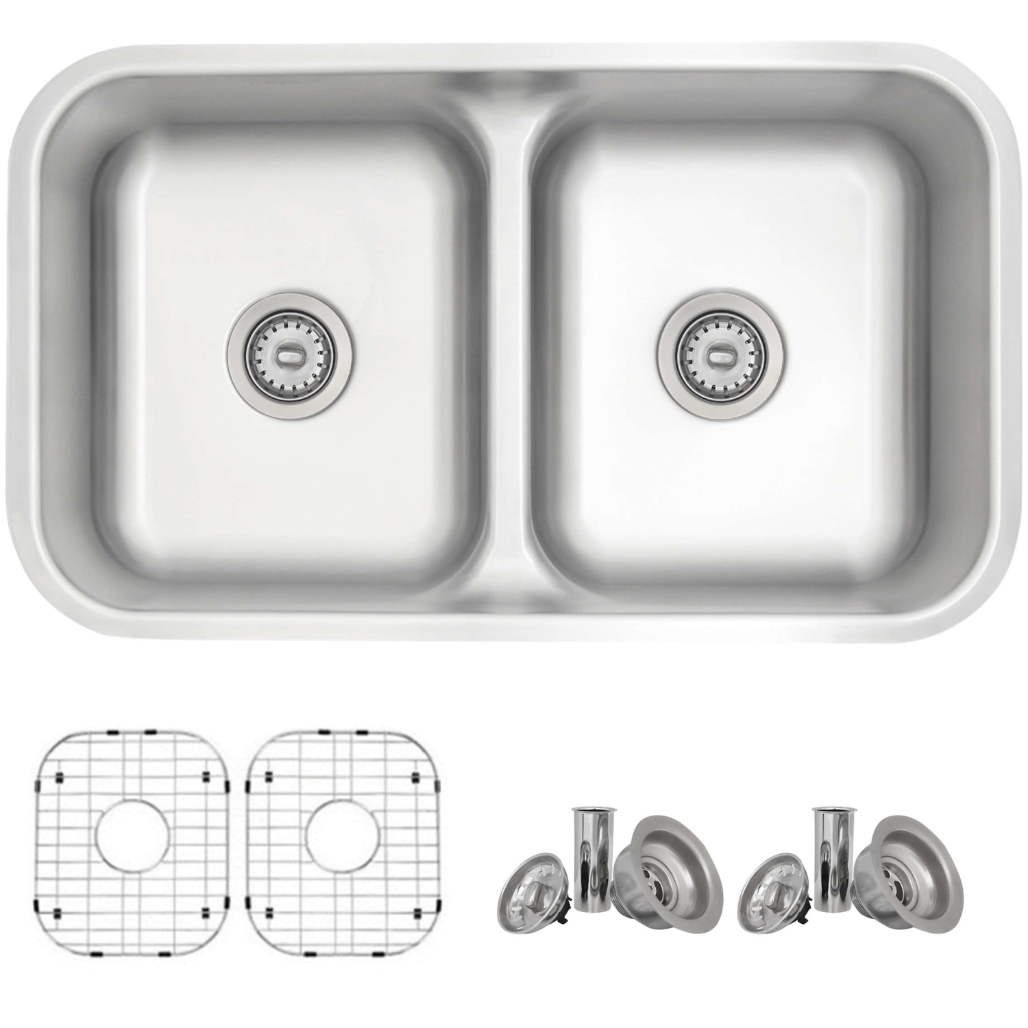 OPEN BOX - Dual-Mount 32 1/4" Stainless Steel Double Bowl Kitchen Sink with grids and strainers, S-202XTG - GRADE A