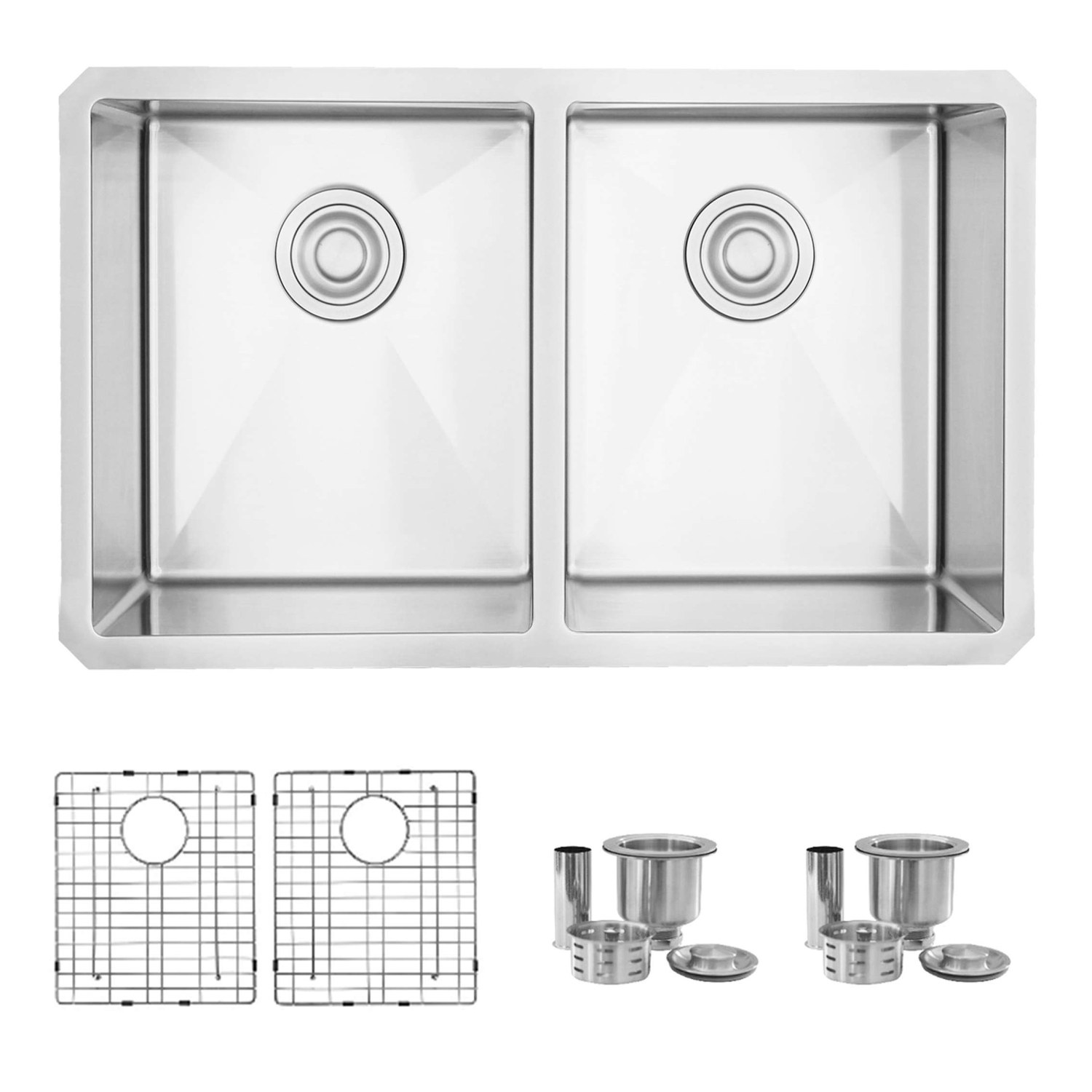 OPEN BOX - Undermount 30" Stainless Steel Double Bowl Kitchen Sink with grids and strainers, S-304XG - GRADE A