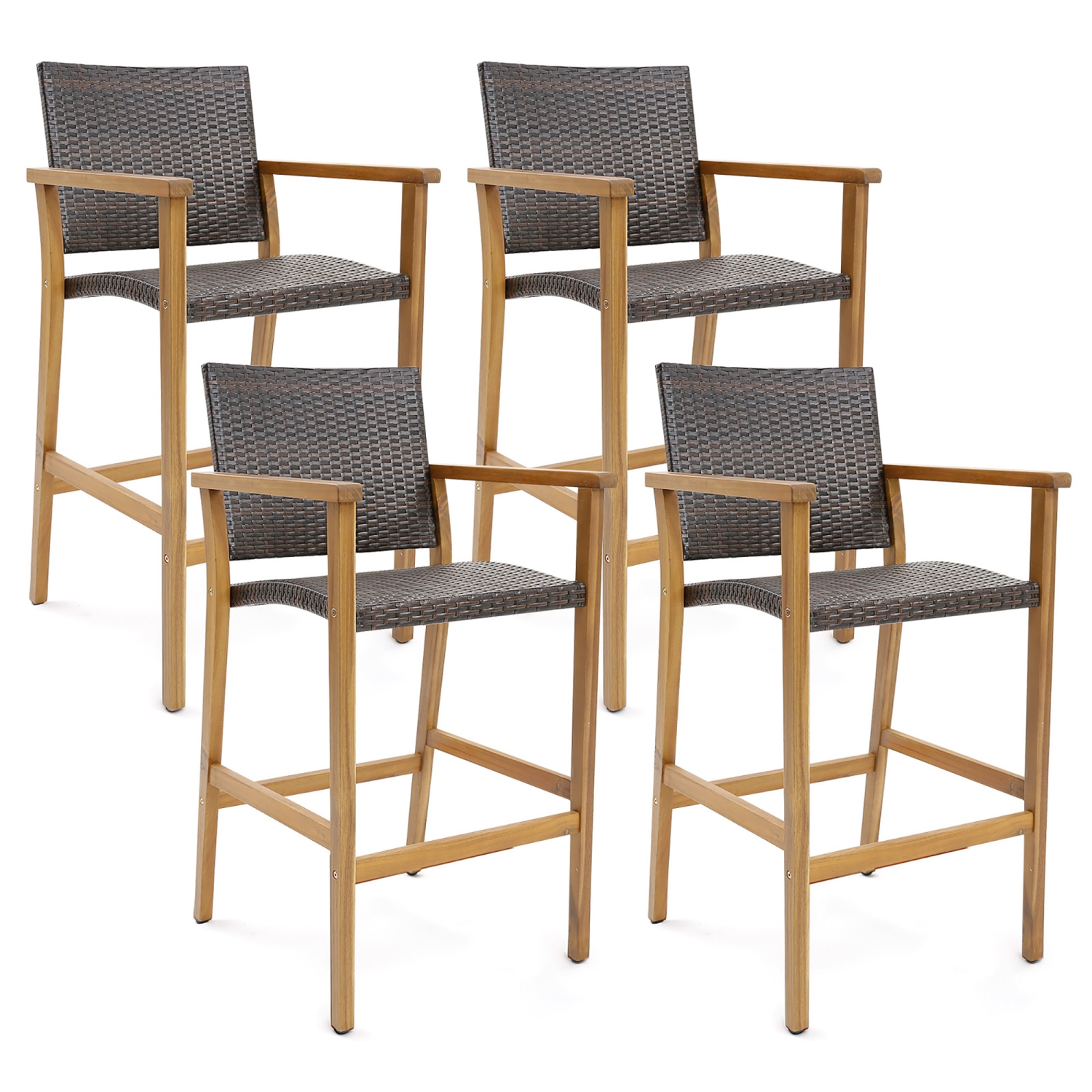 Gymax Patio Rattan Bar Stool Set of 4 Outdoor PE Wicker Bar Chairs w/ Armrests & Sturdy Footrests