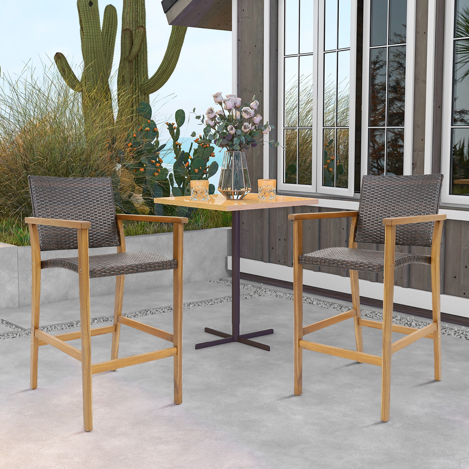 Gymax Patio Rattan Bar Stool Set of 4 Outdoor PE Wicker Bar Chairs w/ Armrests & Sturdy Footrests