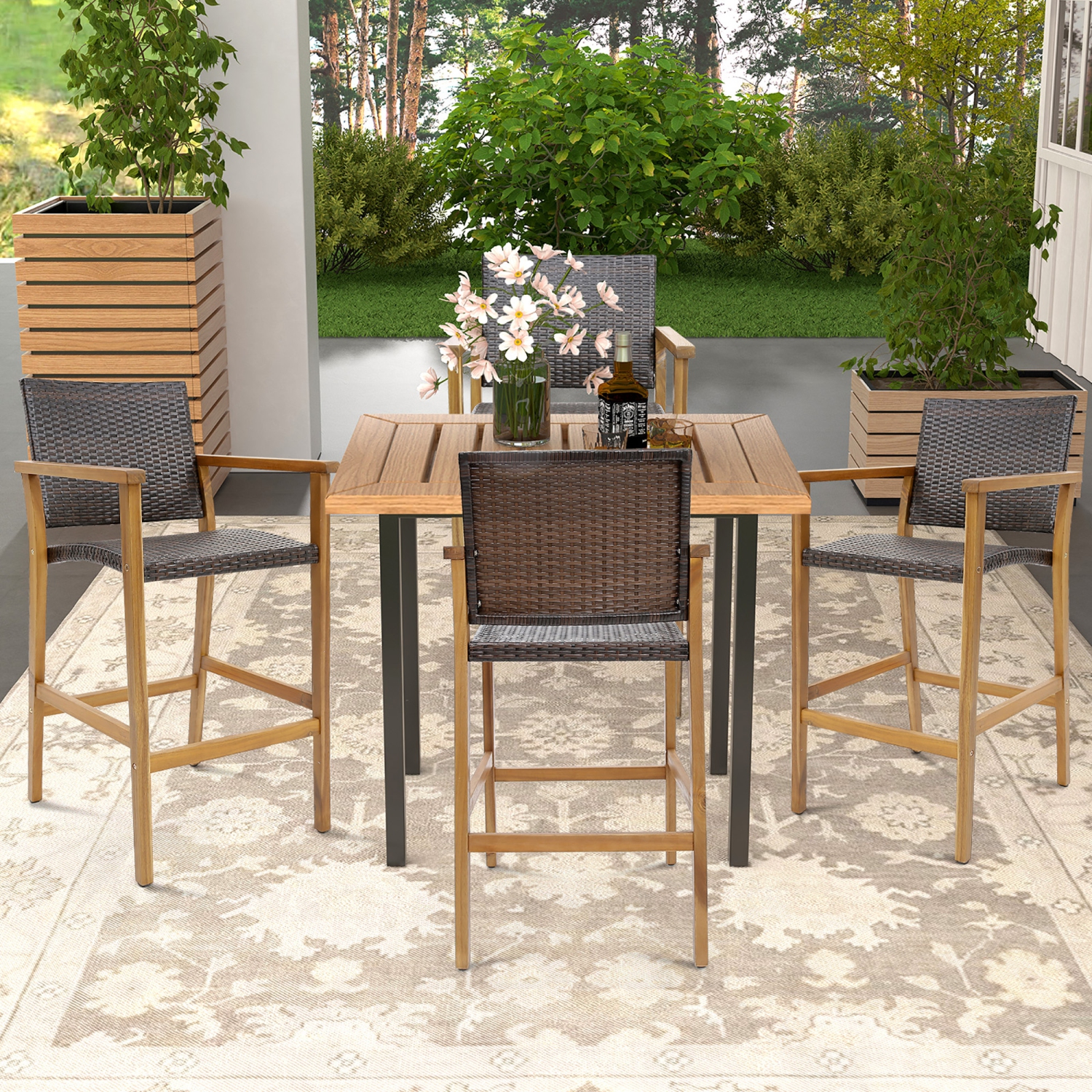 Gymax Patio Rattan Bar Stool Set of 4 Outdoor PE Wicker Bar Chairs w/ Armrests & Sturdy Footrests