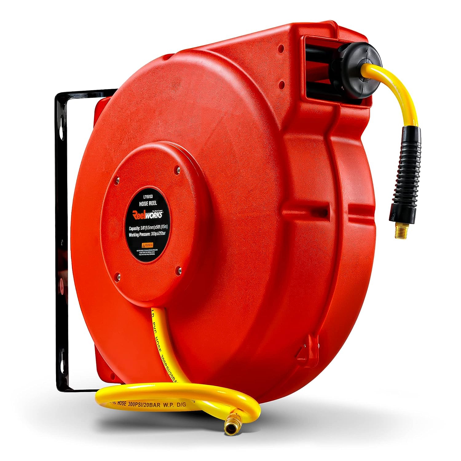 ReelWorks Retractable Hose Reel: 9.5mm x 15m Premium Flex Hybrid Polymer, Max 300 PSI, Heavy-Duty Polypropylene, Industrial Spring-Driven for Air & Water