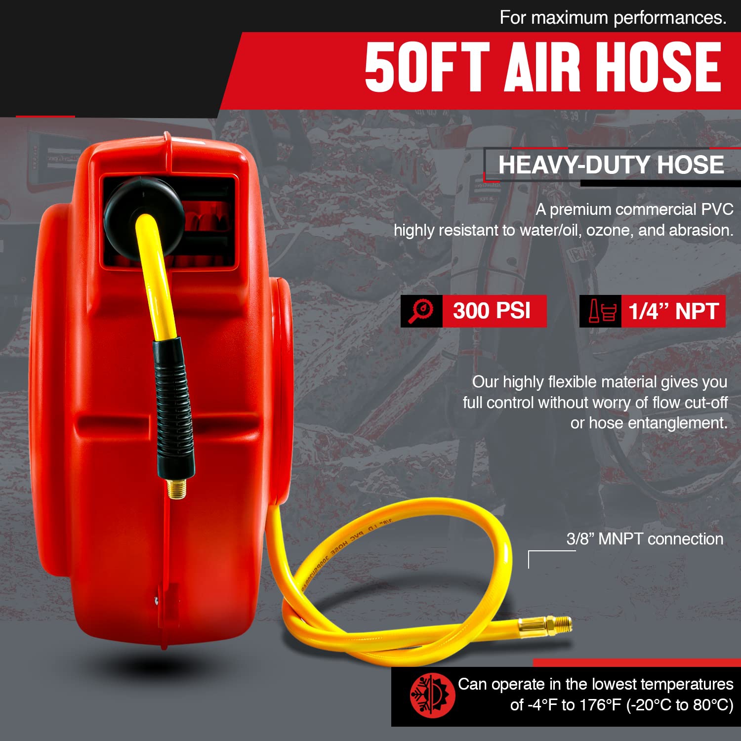 Dévidoir rétractable ReelWorks : 9,5&nbsp;mm x 15&nbsp;m Premium Flex polymère hybride, Max 300&nbsp;lb/po², polypropylène robuste, entraînement