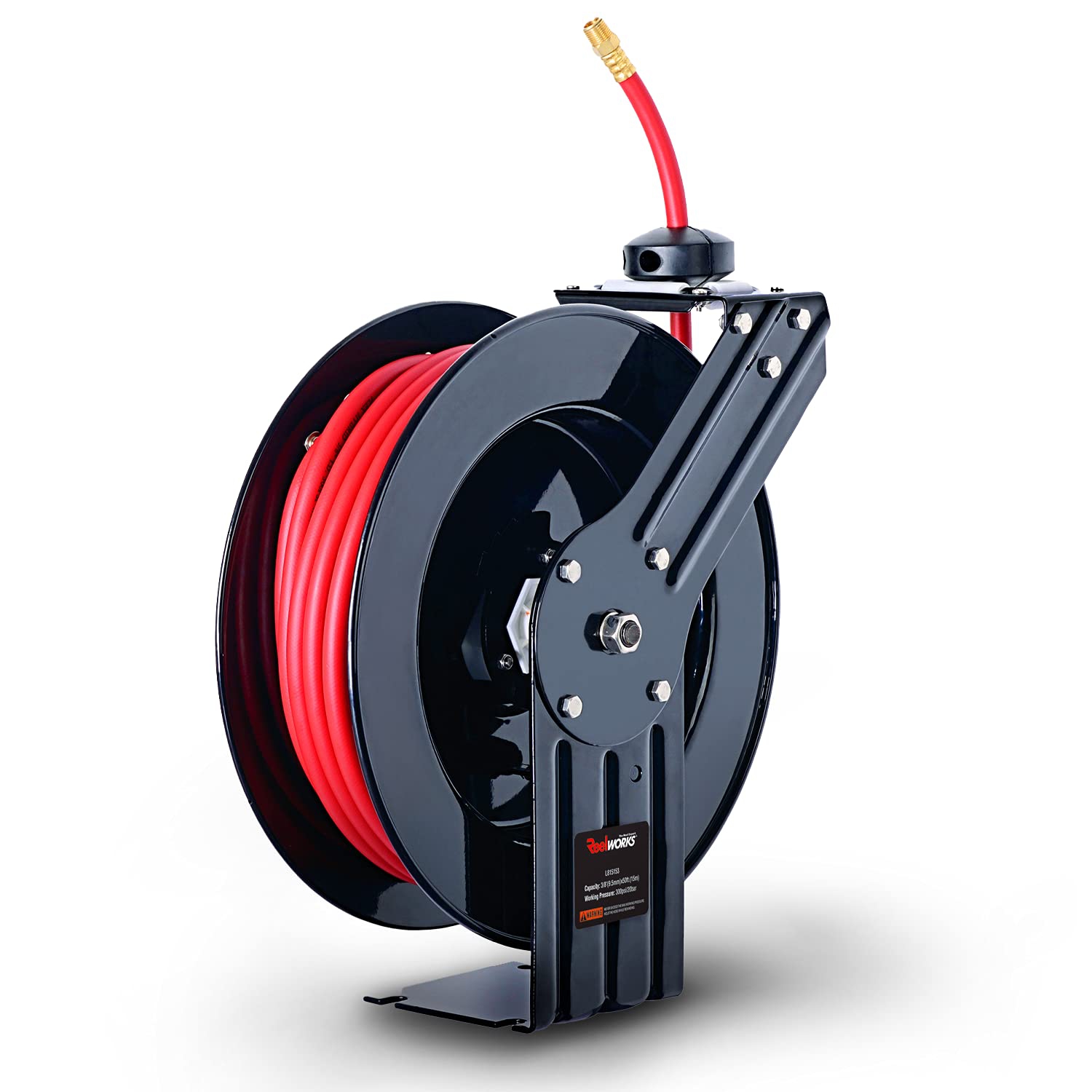 ReelWorks Retractable Air Hose Reel: 9.5mm x 15m Hybrid Polymer Hose, Max 300 PSI, Compressor Water, Plastic Spring-Driven with Swivel Bracket