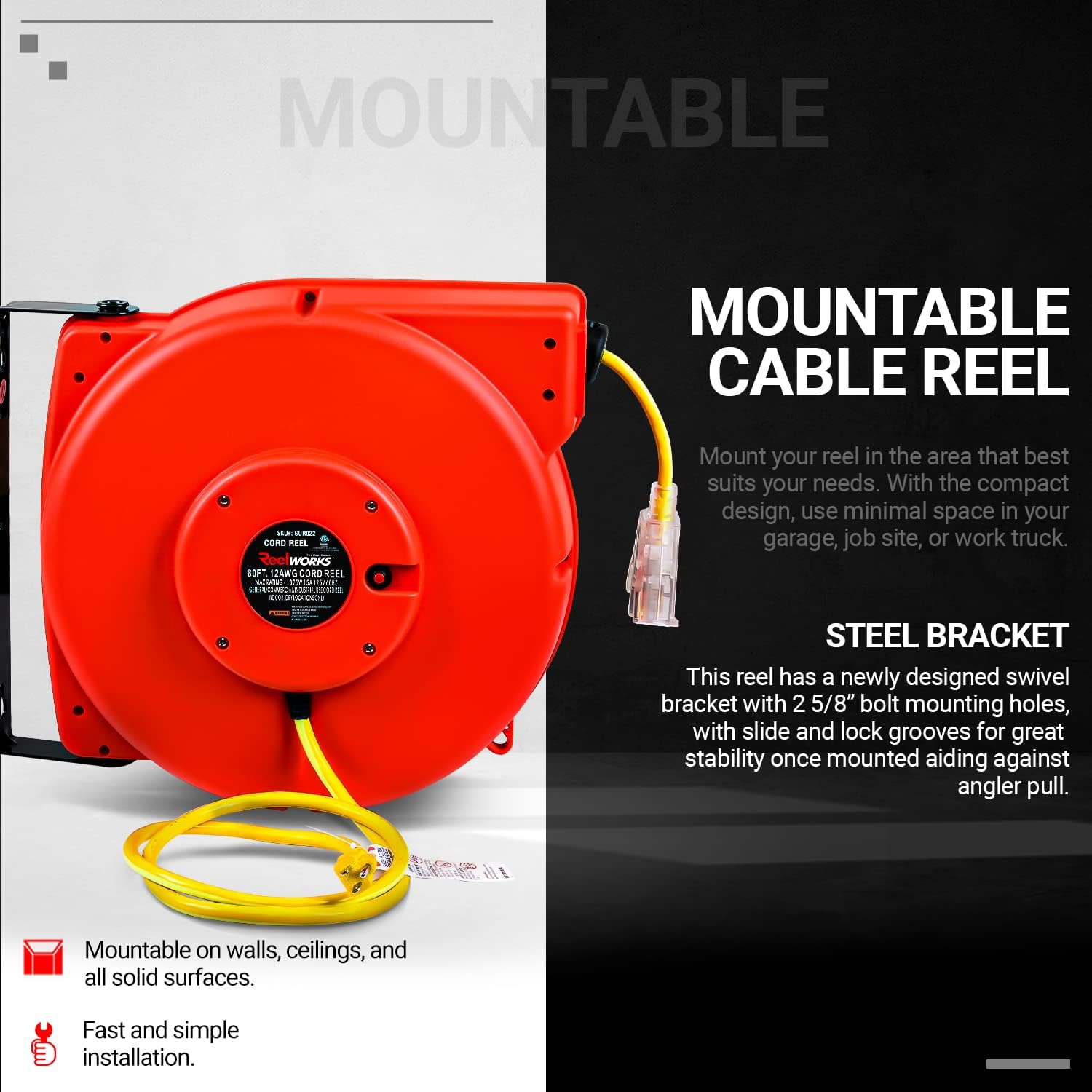 ReelWorks Retractable Extension Cord Reel: 12AWG x 24.4m Premium