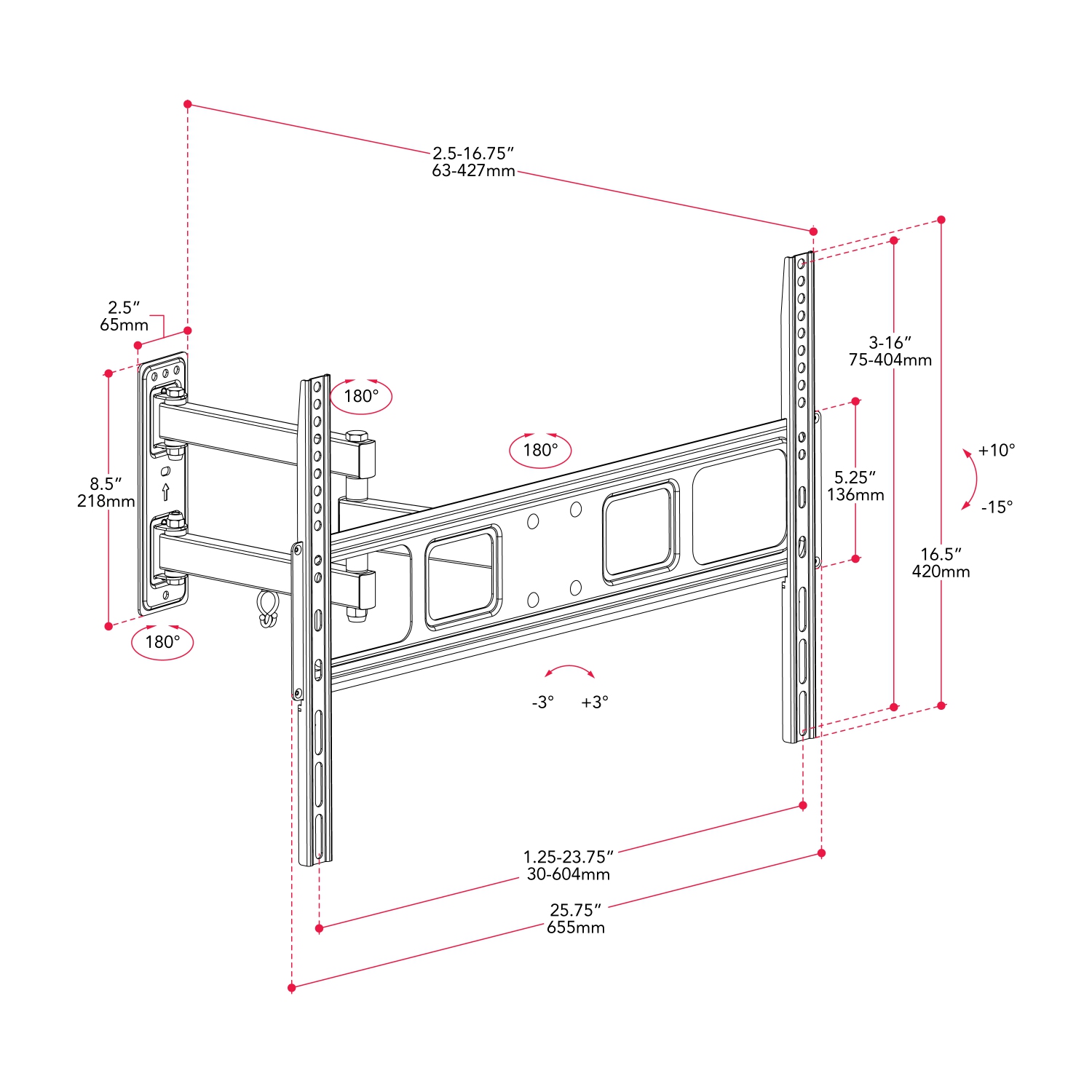 CorLiving Full Motion TV Wall Mount for TV's up to 70"