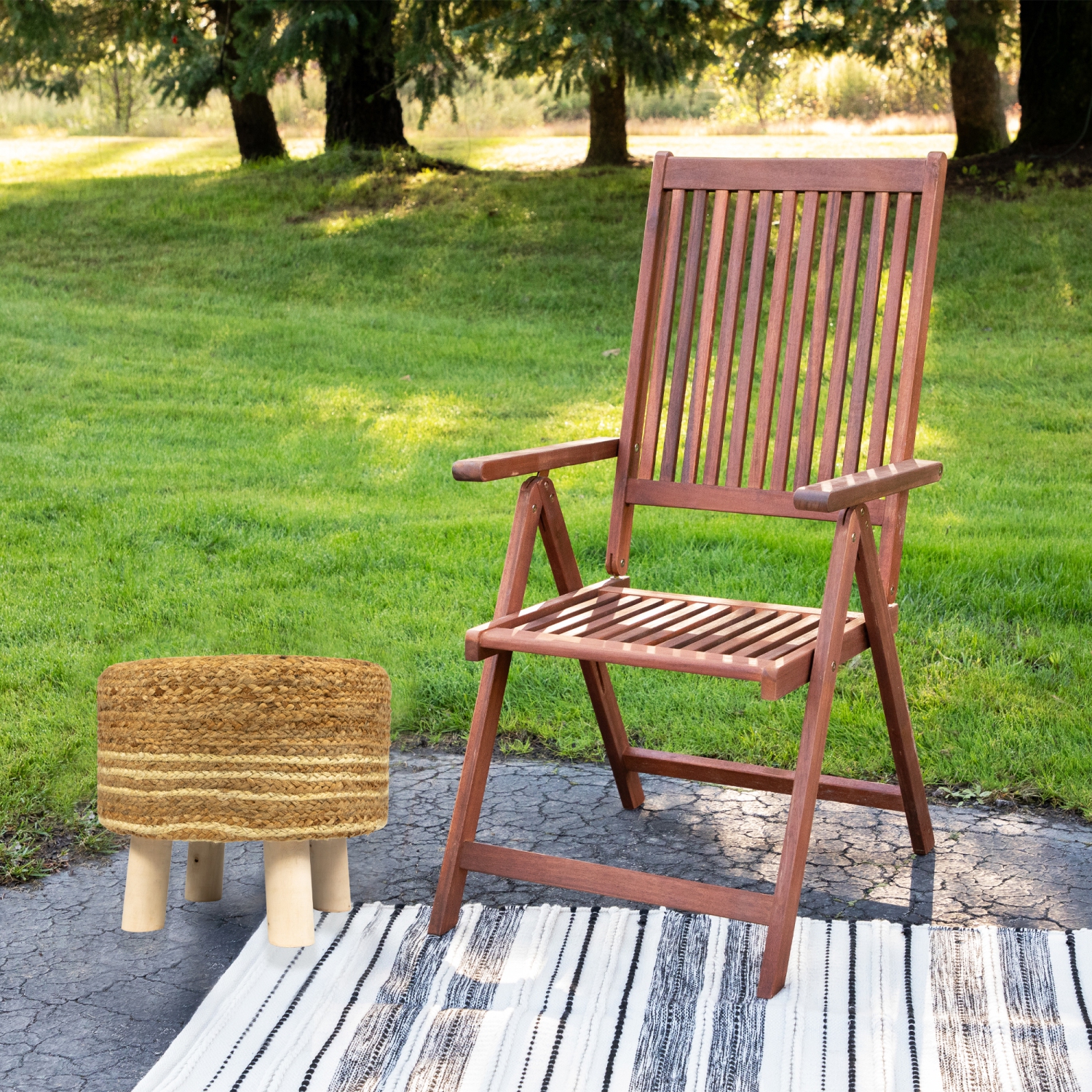 15" Beige Braided Jute and Wood Handmade Three Legged Foot Stool