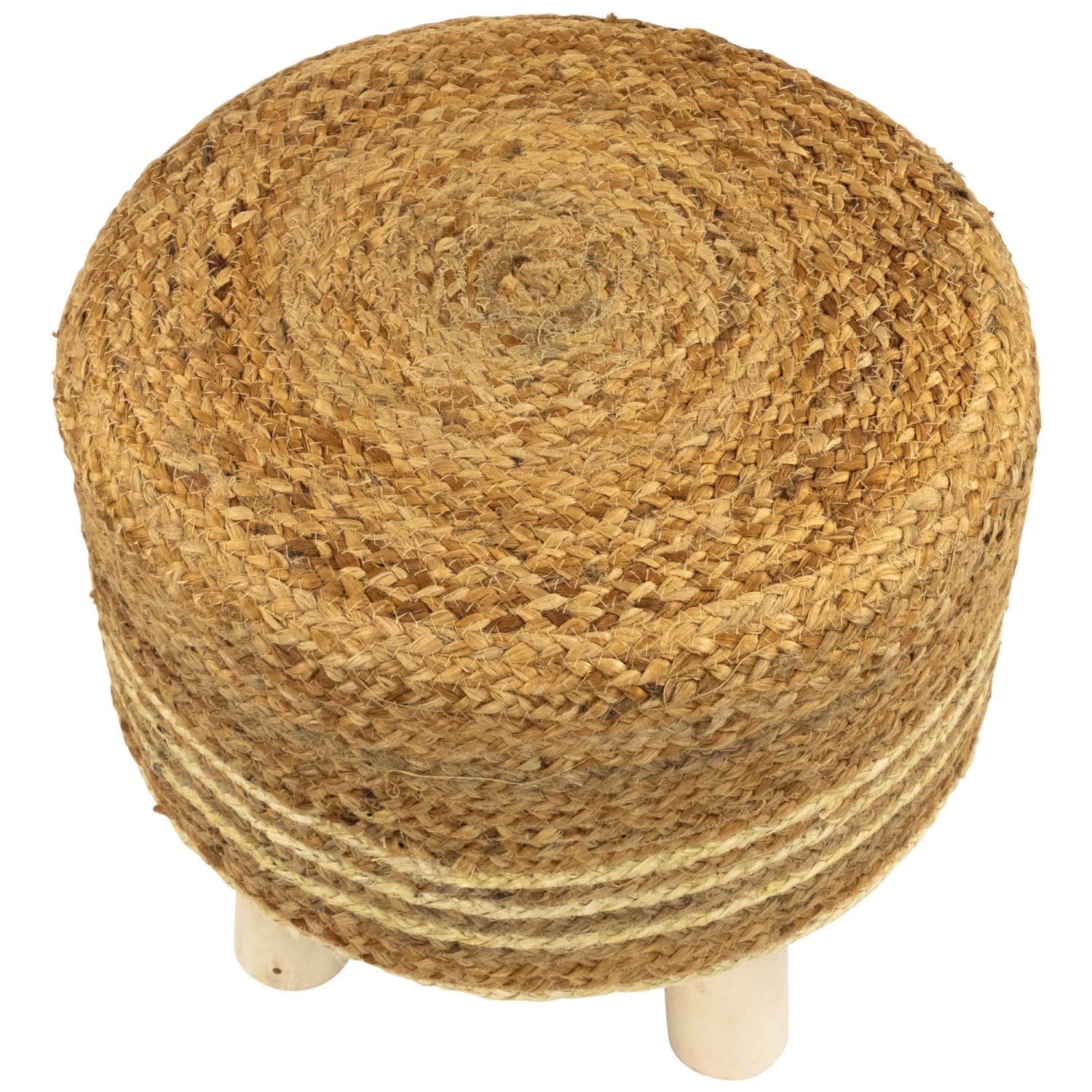 15" Beige Braided Jute and Wood Handmade Three Legged Foot Stool