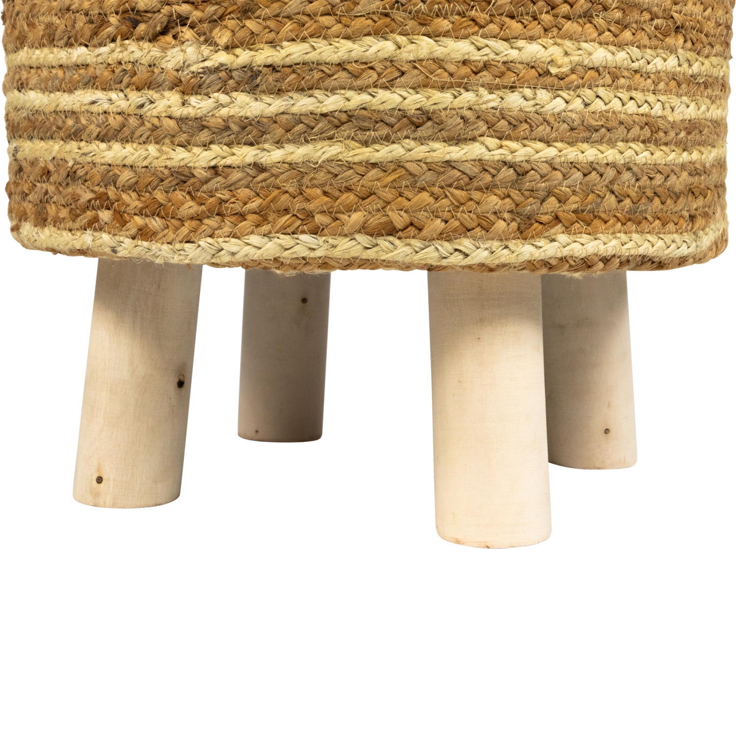 15" Beige Braided Jute and Wood Handmade Three Legged Foot Stool
